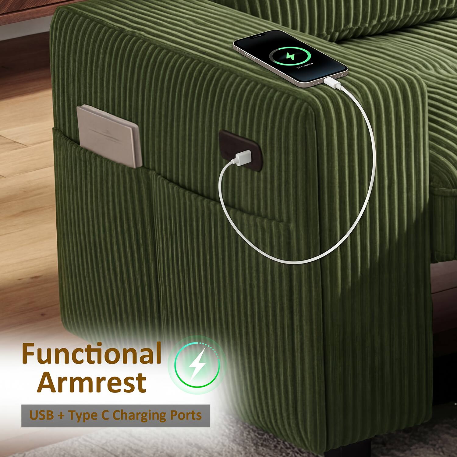 Functional Armrest  
USB + Type C Charging Ports