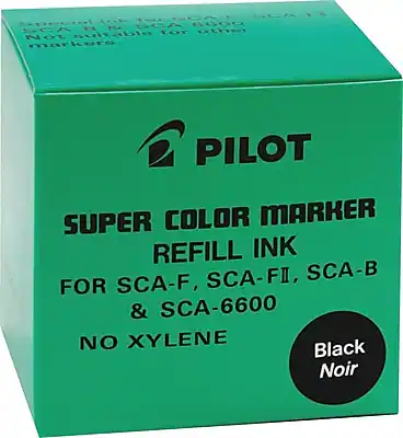 PILOT
SUPER COLOR MARKER REFILL INK
FOR SCA-F, SCA-FI, SCA-B & SCA-6600
NO XYLENE
Black Noir
Special ink for SCA-F, SCA-FI, SCA-B & SCA-6600.
Not suitable for other markers.