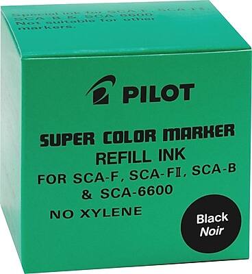 PILOT  
SUPER COLOR MARKER REFILL INK  
FOR SCA-F, SCA-FI, SCA-B & SCA-6600  
NO XYLENE  
Black Noir  

Special ink for SCA-F, SCA-FI, SCA-B & SCA-6600.  
Not suitable for other markers.