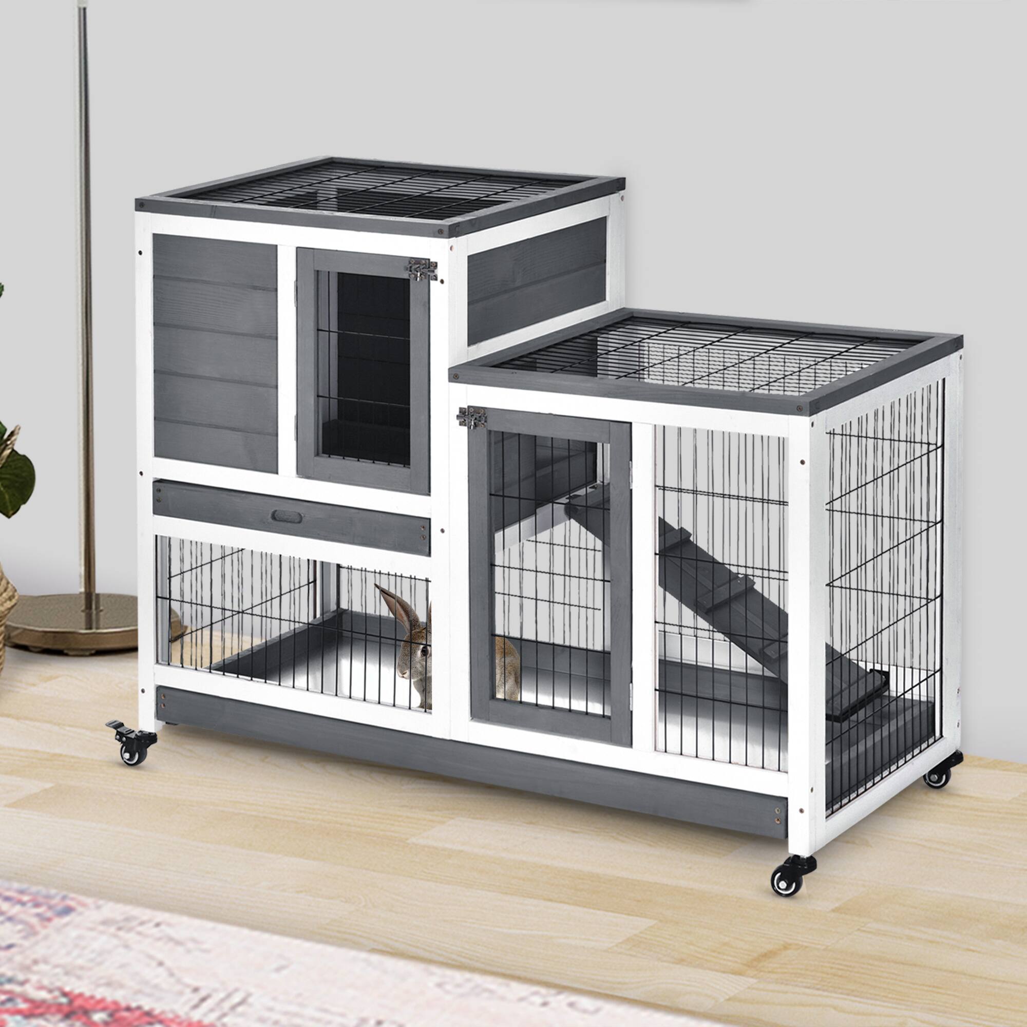 Alt View 1. Pawhut - Rabbit Hutch Elevated Bunny Cage Indoor Small Animal Habitat with Enclosed Run with Wheels.