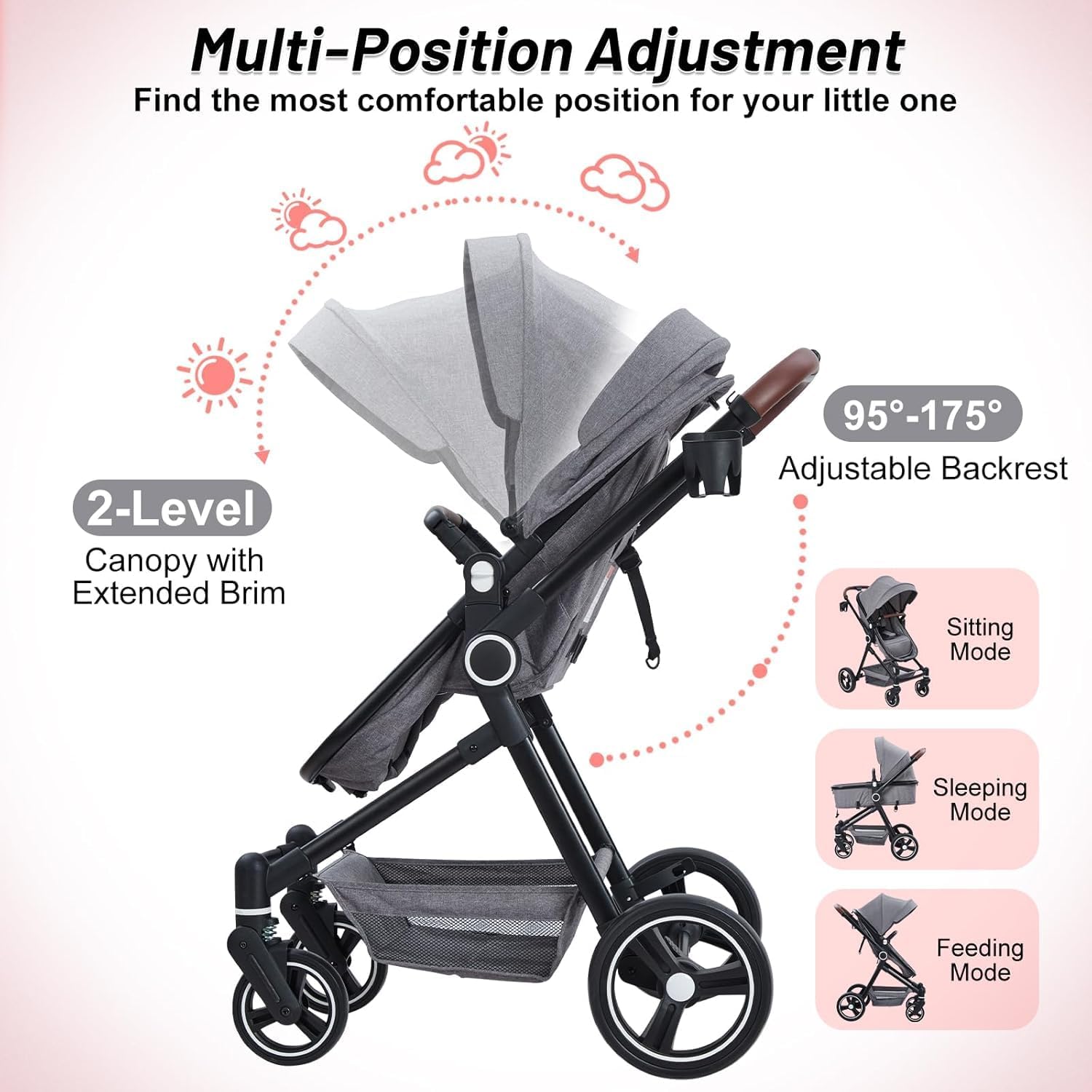Multi-Position Adjustment  
Find the most comfortable position for your little one  

2-Level Canopy with Extended Brim  

95°-175° Adjustable Backrest  

Sitting Mode  
Sleeping Mode  
Feeding Mode