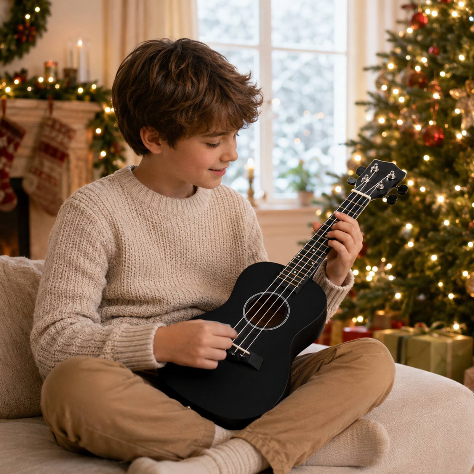 Alt View 4. Winado - 23" Mahogany 4-String Soprano Ukulele Kit  Includes Gig Bag, Strap, Picks, Strings and Cleaning Cloth - Black.