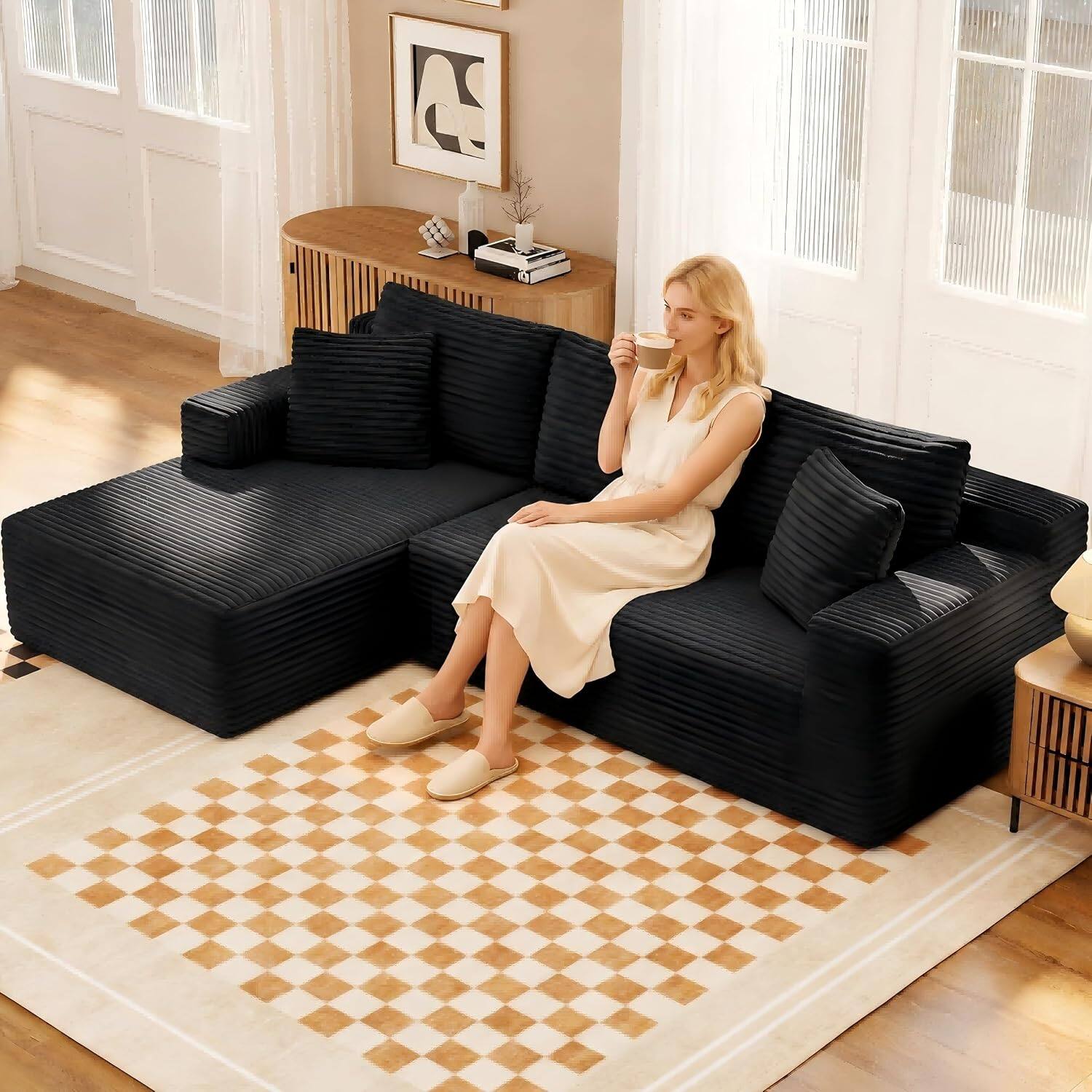 Angle. Anysun - 106.3" Modular Left Facing Cloud Combination Sofa – L-Shaped Living Room Sofa with Recliner, Modern Minimalist Design - Black.
