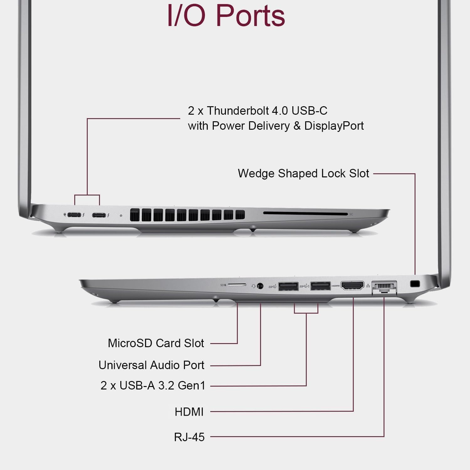 I/O Ports

- 2 x Thunderbolt 4.0 USB-C with Power Delivery & DisplayPort
- Wedge Shaped Lock Slot
- MicroSD Card Slot
- Universal Audio Port
- 2 x USB-A 3.2 Gen1
- HDMI
- RJ-45