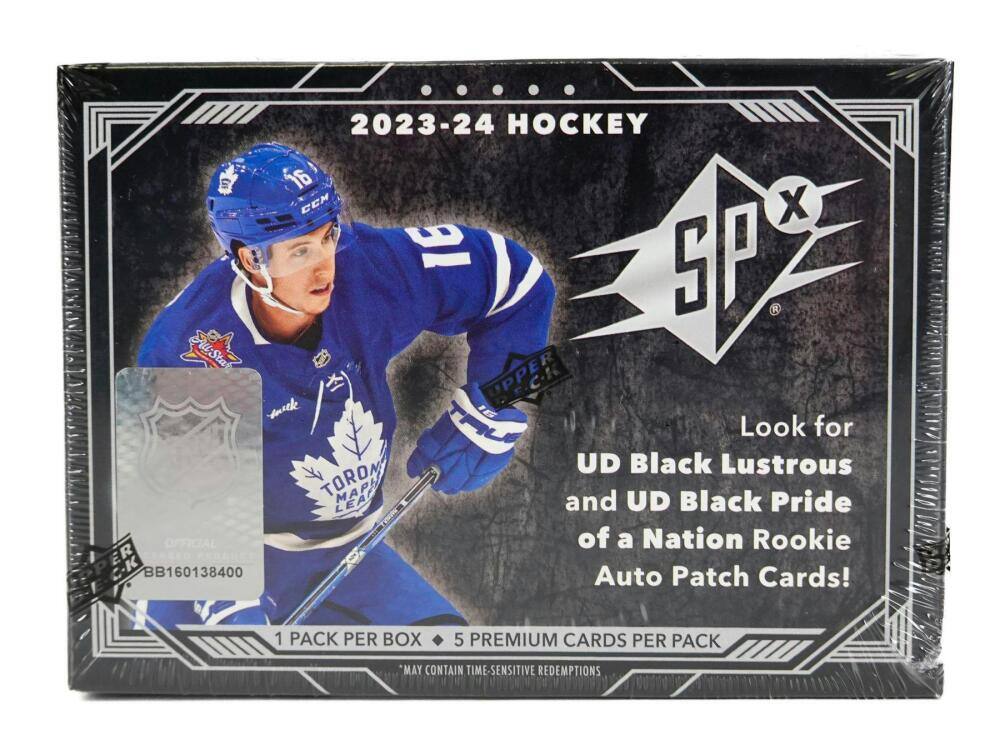 2023-24 HOCKEY  
16 CCM X 91 SP  
Look for UD Black Lustrous and UD Black Pride of a Nation Rookie Auto Patch Cards!  
1 PACK PER BOX  
5 PREMIUM CARDS PER PACK  
MAY CONTAIN TIME-SENSITIVE REDEMPTIONS