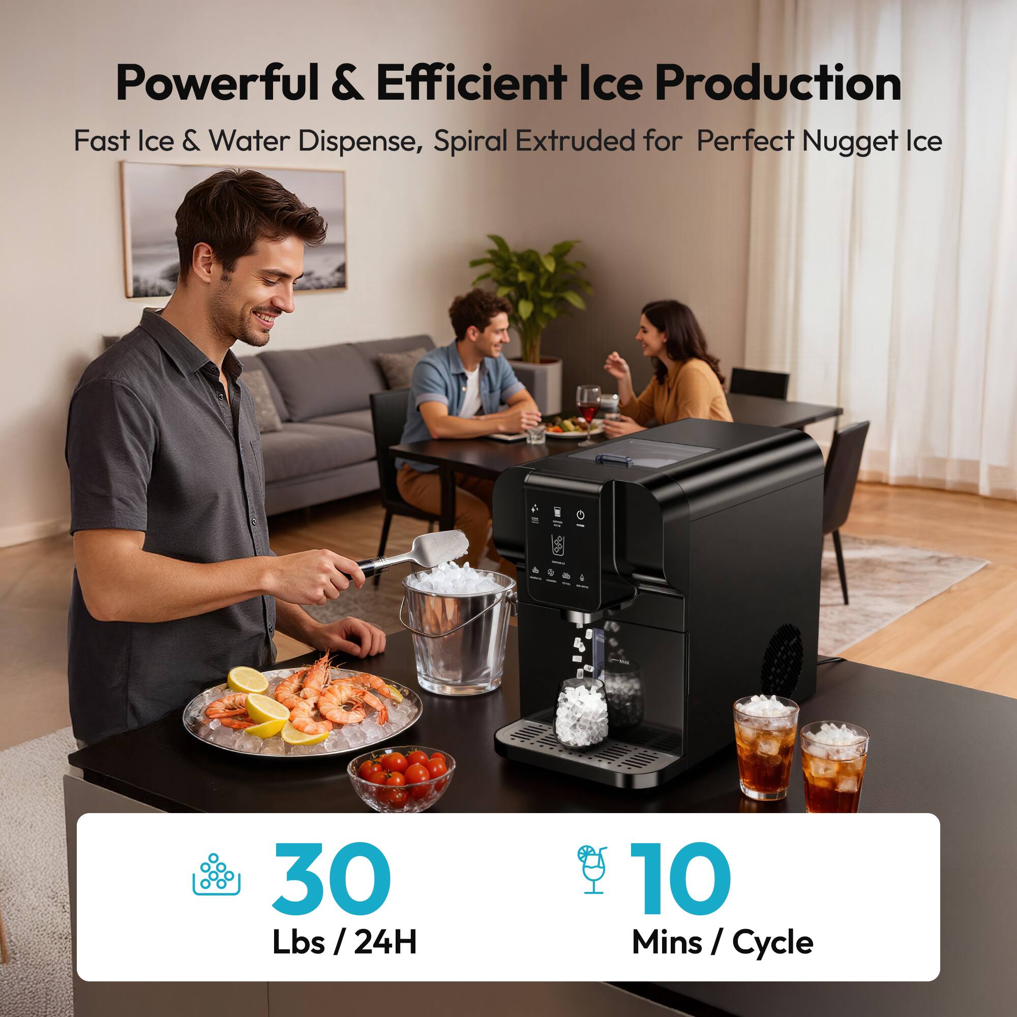 Powerful & Efficient Ice Production  
Fast Ice & Water Dispense, Spiral Extruded for Perfect Nugget Ice  

30 Lbs / 24H  
10 Mins / Cycle
