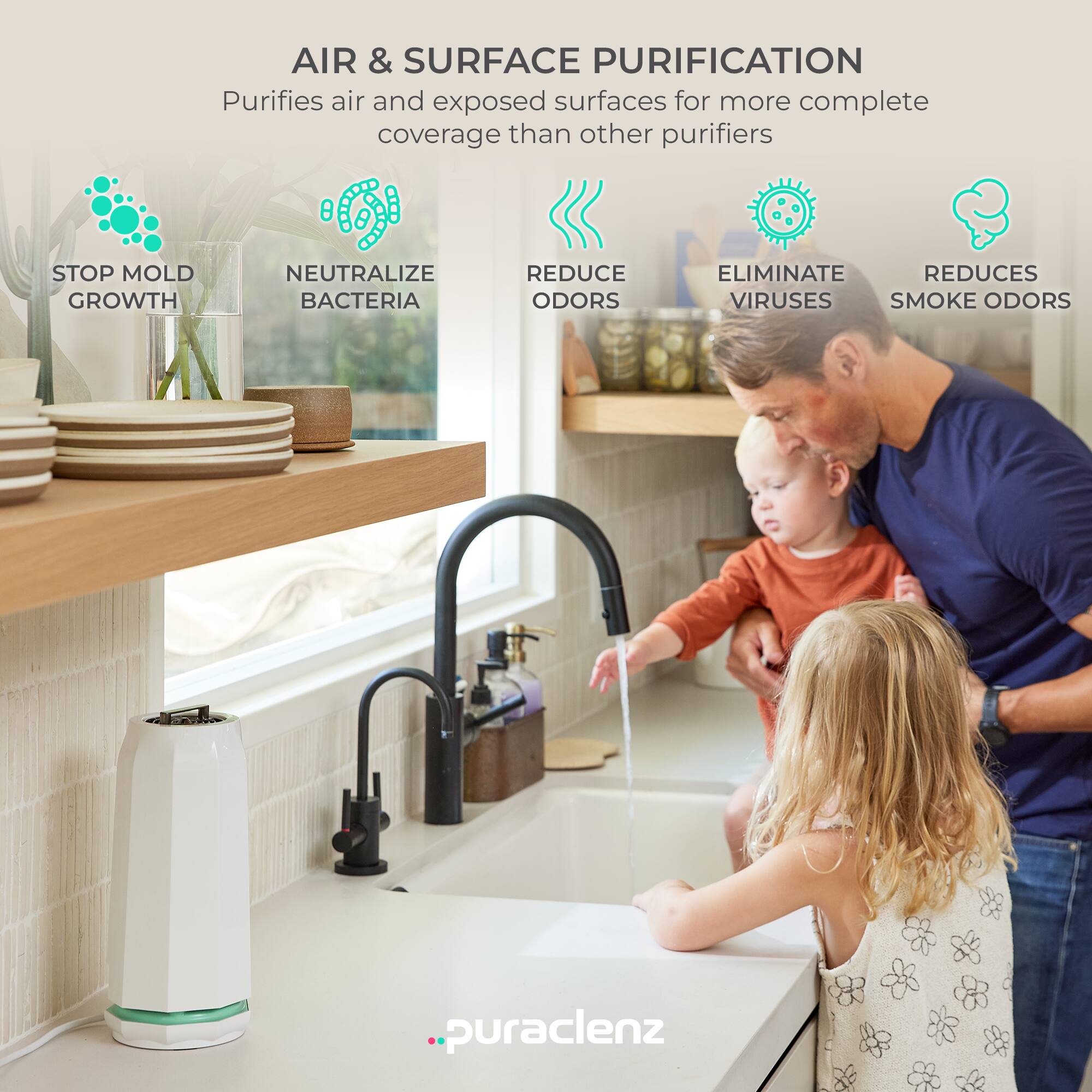 **AIR & SURFACE PURIFICATION**

Purifies air and exposed surfaces for more complete coverage than other purifiers

- STOP MOLD GROWTH
- NEUTRALIZE BACTERIA
- REDUCE ODORS
- ELIMINATE VIRUSES
- REDUCES SMOKE ODORS

puracenz