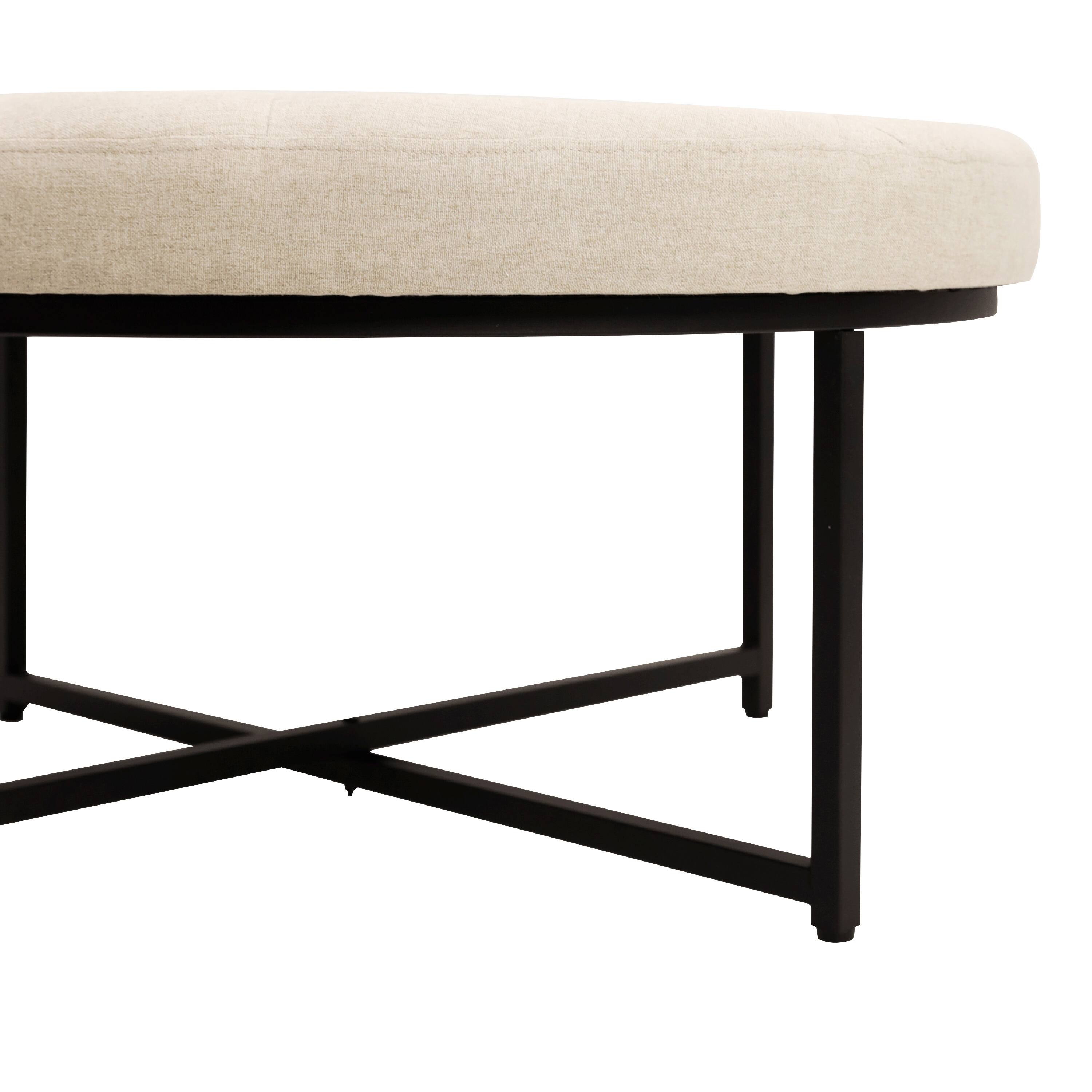Alt View 7. Emma + Oliver - Aranda 34 in. Cotton Linen Round Ottoman with Tufted Design and Sturdy Iron Frame - Beige.