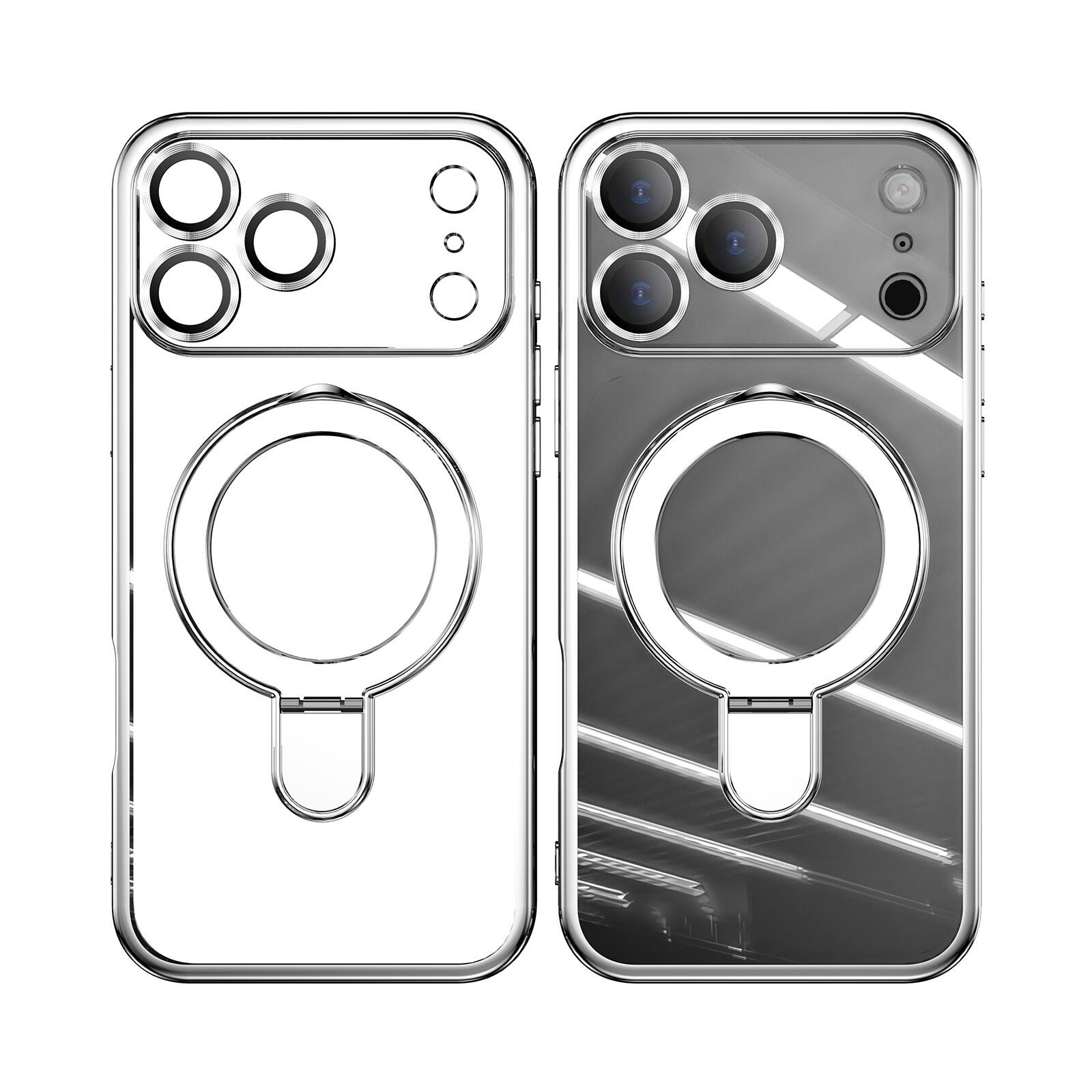 Back. Dteck - Dteck MagSafe Compatible Case for Apple iPhone 17 Pro Max with Plating Ring Stand Lens Protection Cover - Silver.