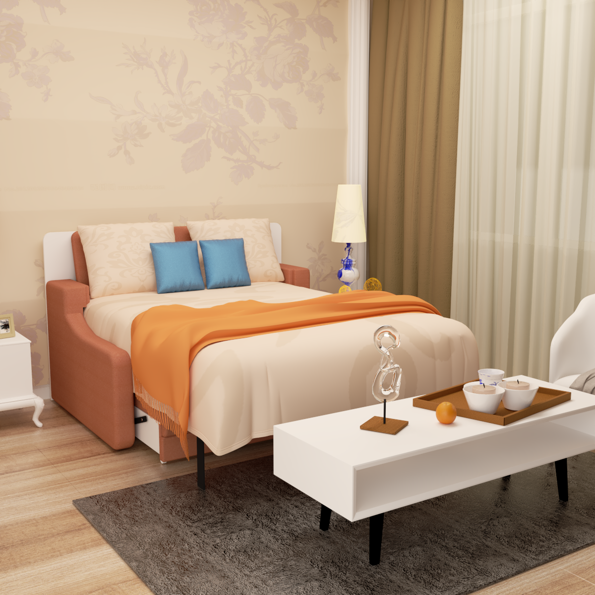 Back. Tiramisubest - Orange Plywood Modern Murphy Bed with Sofa for Bedroom, Space Saving, Easy Assembly - Orange.