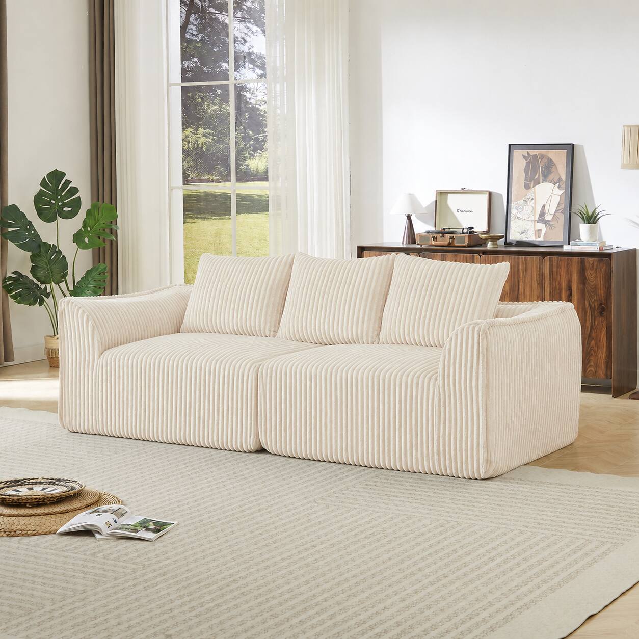 Angle. Anysun - 3-Seater Minimalist Corduroy Sofa with Curved Lines & Horn-Shaped Throw Pillows – Ergonomic Modular Cloud Sofa - Beige.