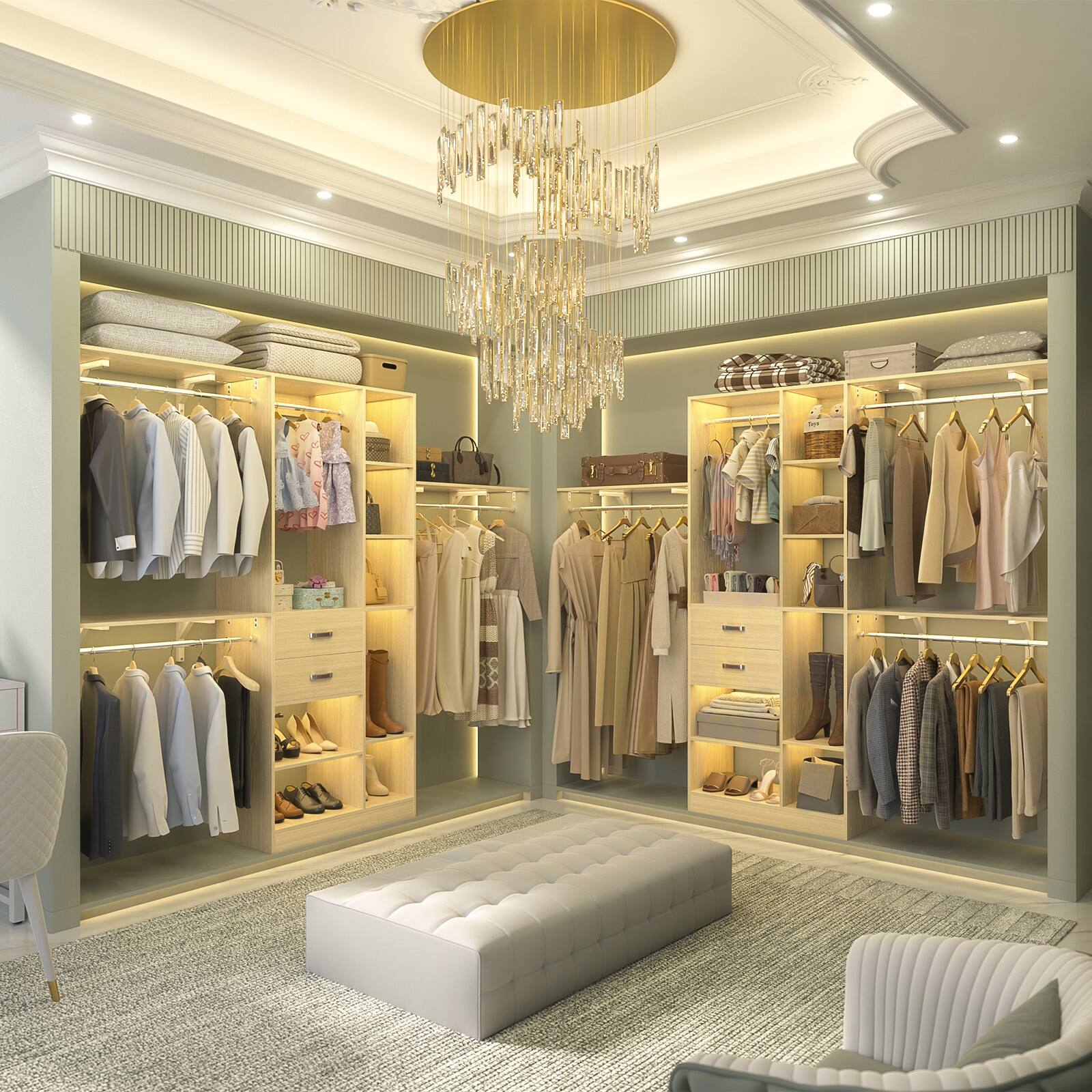 Alt View 1. Aheaplus - Upgraded 96'' Closet System with 13 Storage Shelves, 8FT Open Wardrobe System with 2 Wooden Drawers & 4 Hanging Rods - Nature.