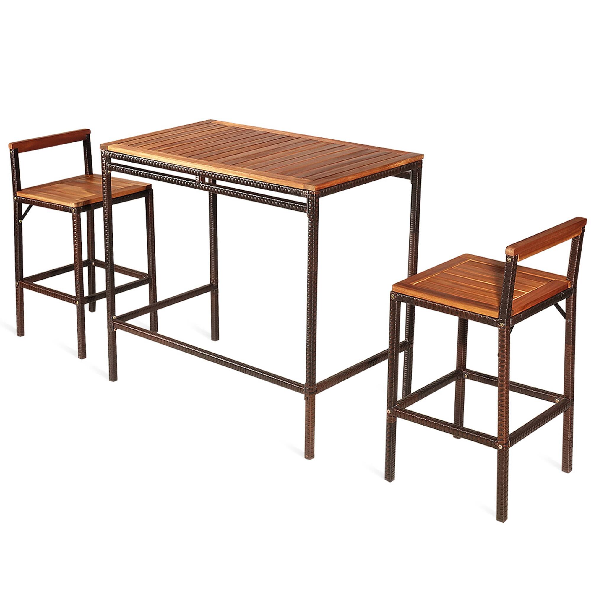 Alt View 1. Gymax - Gymax 3PCS Patio Bar Set Dining Set Outdoor Furniture Set w/ Wooden Tabletop - as pic.