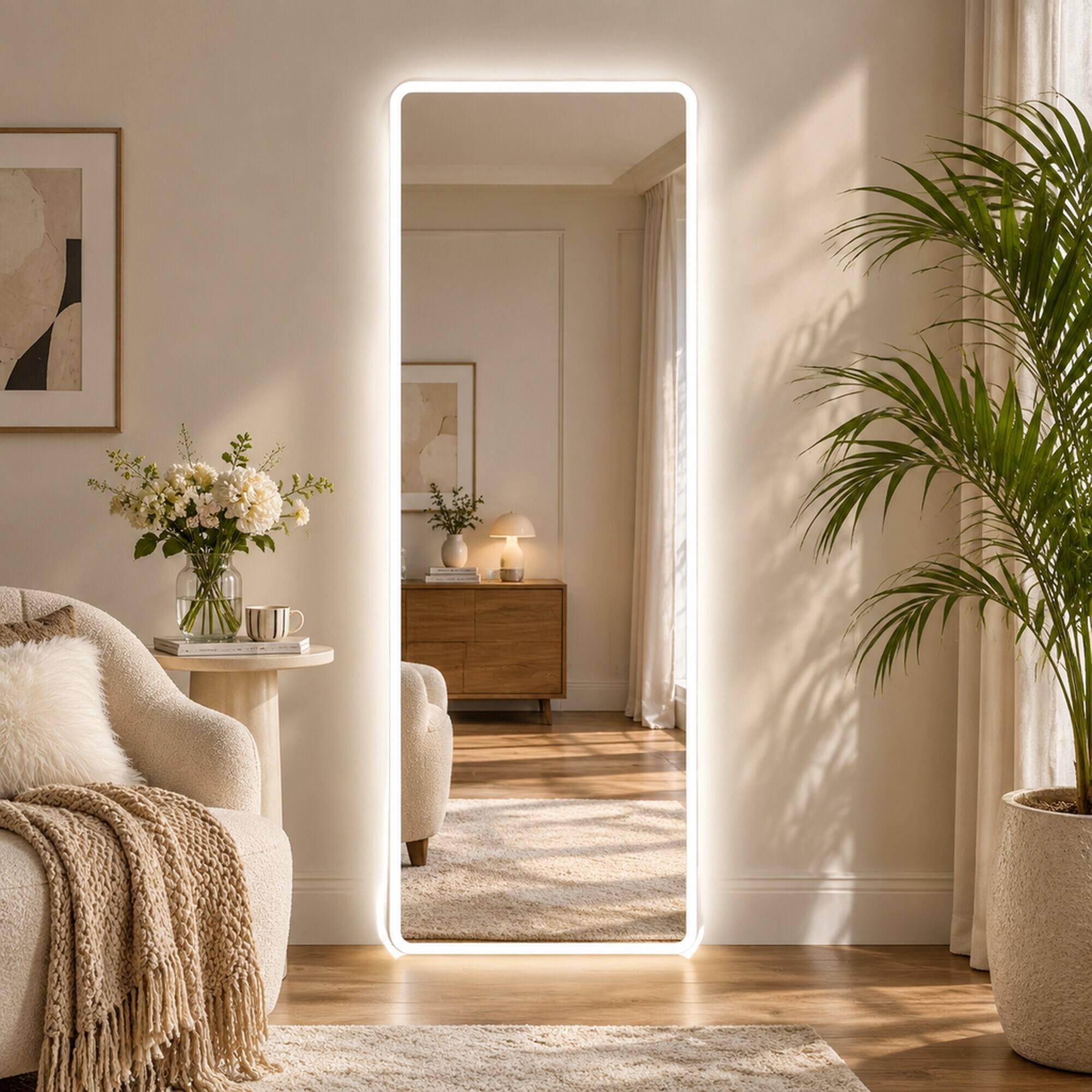 Alt View 1. RYHNUYNE - 65 in x 21.7 in LED Full Length Mirror, Rounded Corners, Tempered HD Glass, Wall Mounted or Free Standing, Bedroom - Clear.
