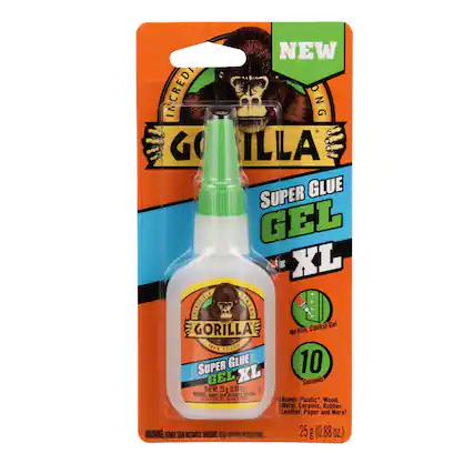 NEW INCREDIBLY STRONG GORILLA SUPER GLUE GEL XL
INCREDIBLY STRONG Control Gel
GORILLA No Run
10% TOUGH SUPER GLUE
25 g (0.88 oz.)
Bonds: Plastic, Wood, Metal, Ceramic, Rubber, Leather, Paper and More!
WARNING: BONDS SKIN INSTANTLY! IRRITANT