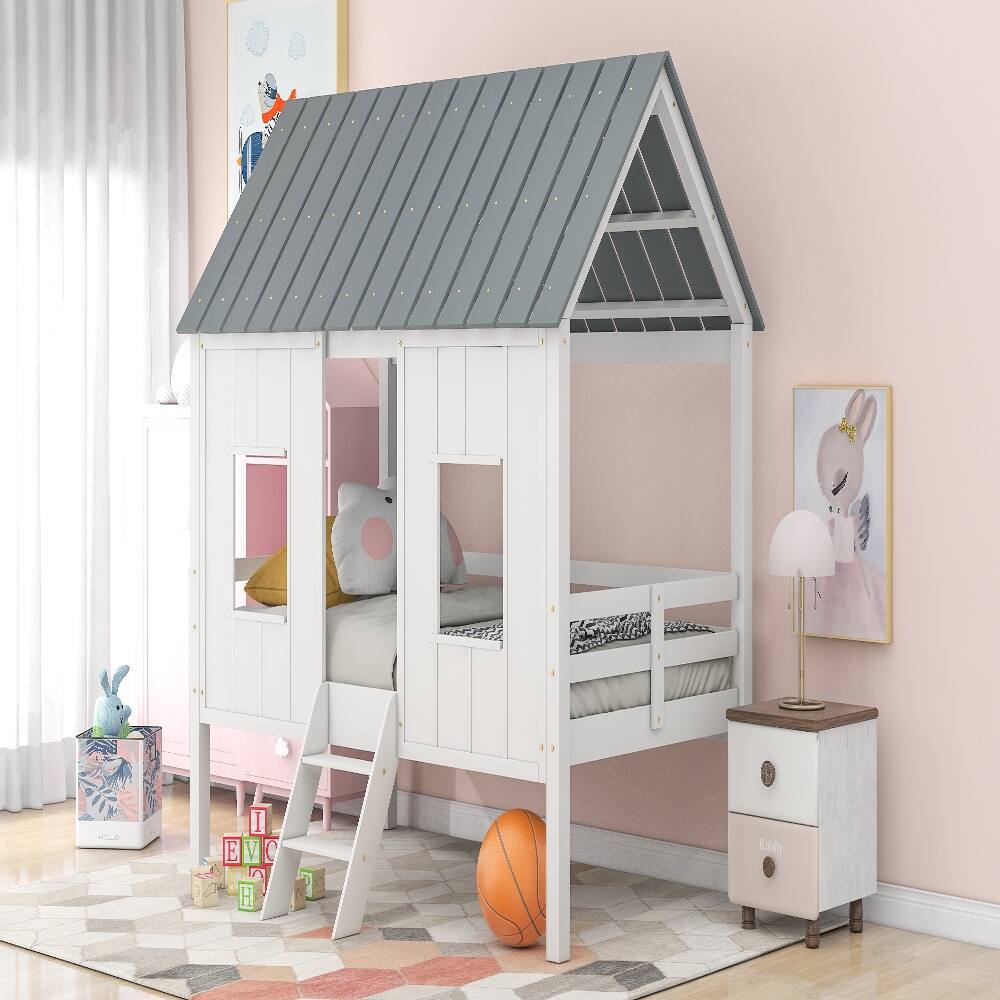 Left. Loheer - Loheer Twin House Bed Low Loft Kids Playhouse Bed with Roof White - White.