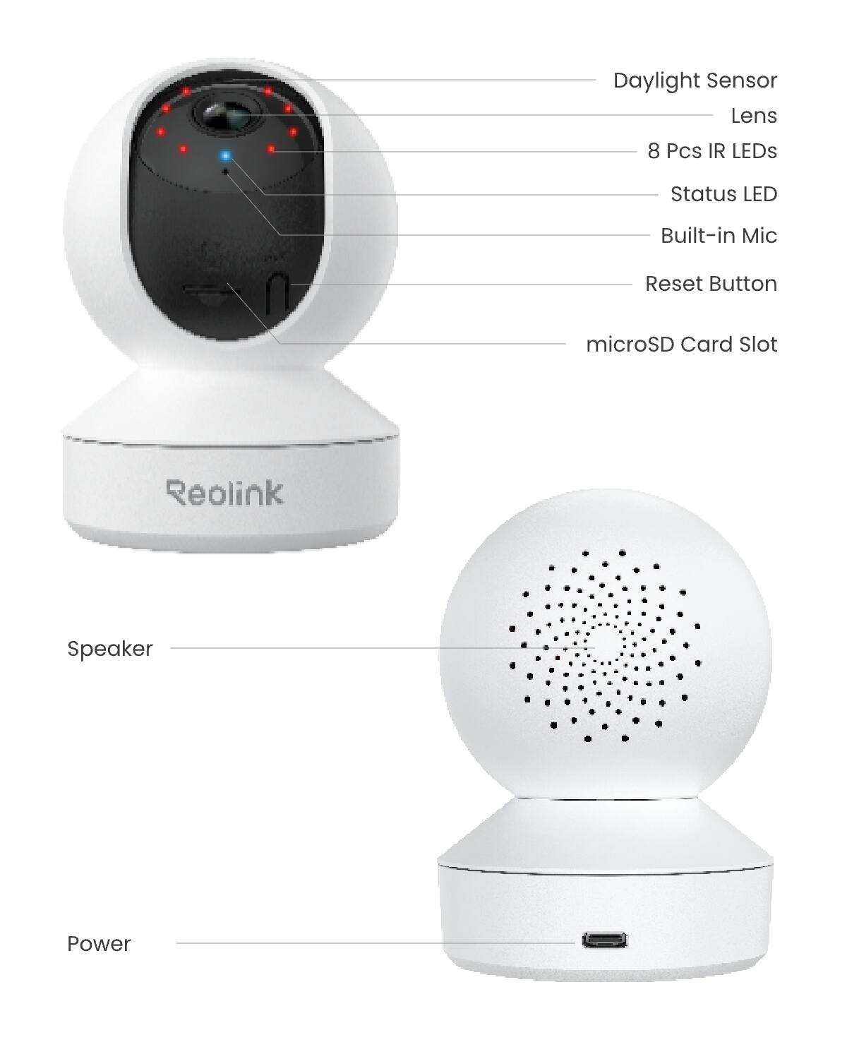 Daylight Sensor Lens  
8 Pcs IR LEDs  
Status LED  
Built-in Mic  
Reset Button  
microSD Card Slot  
Reolink  
Speaker  
Power