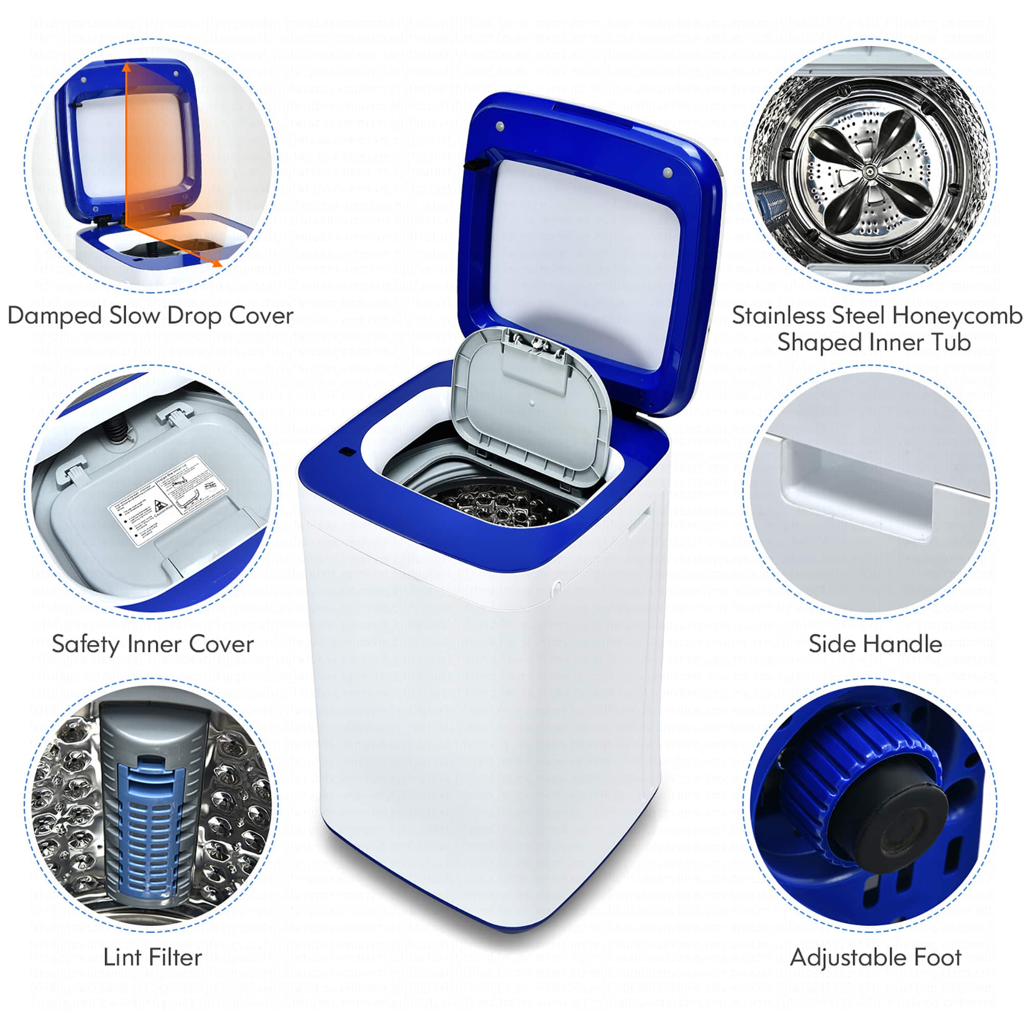 The text on the image is grouped and corrected as follows:
1. Damped Slow Drop Cover
2. Stainless Steel Honeycomb Shaped Inner Tub
3. Safety Inner Cover
4. Side Handle
5. Lint Filter
6. Adjustable Foot