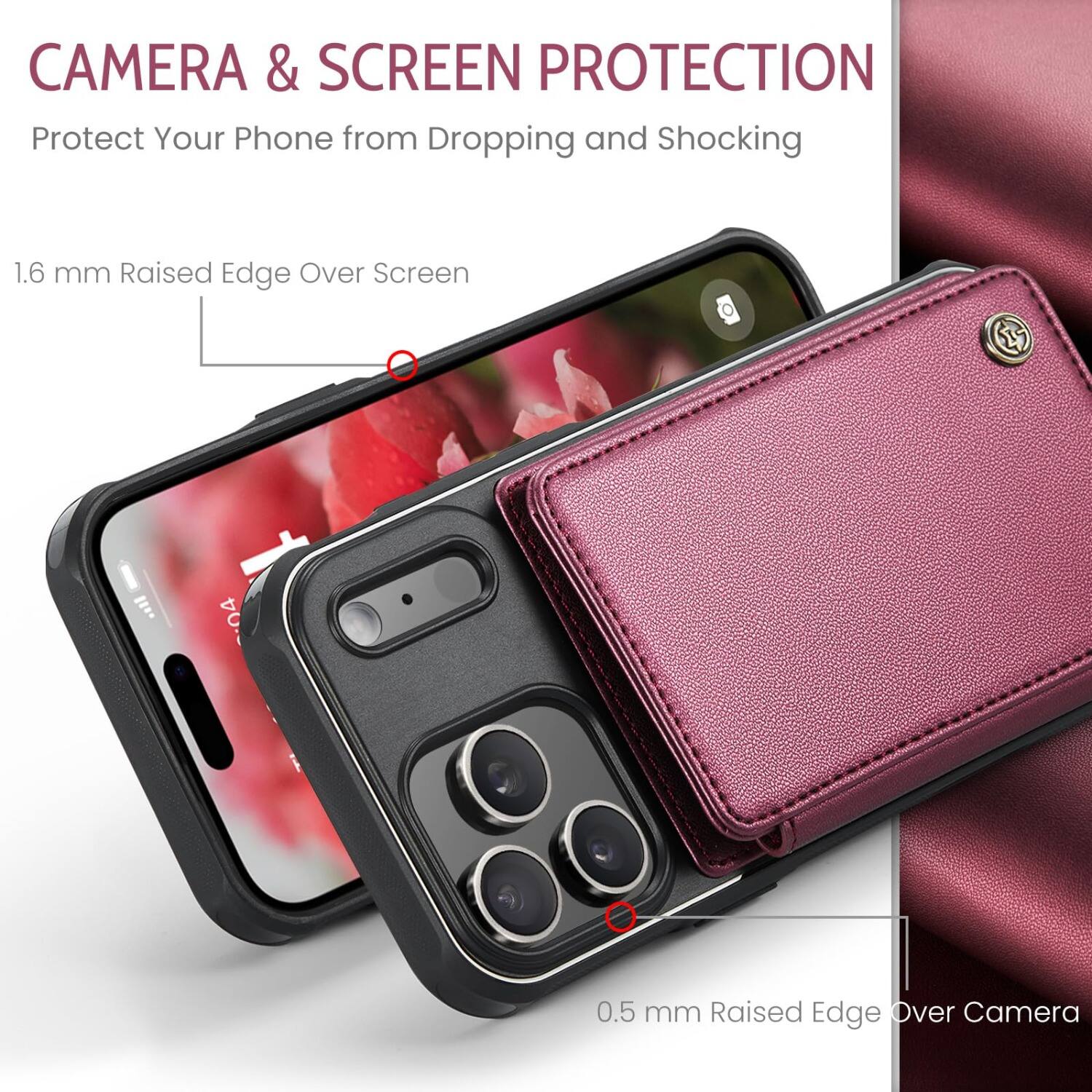 CAMERA & SCREEN PROTECTION  
Protect Your Phone from Dropping and Shocking  

1.6 mm Raised Edge Over Screen  
0.5 mm Raised Edge Over Camera