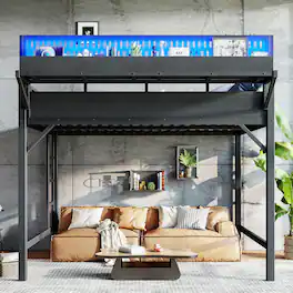 Boyel Living - Queen Size Loft Bed Frame with Storage Shelves and Pegboard Metal Loft Bed - Black