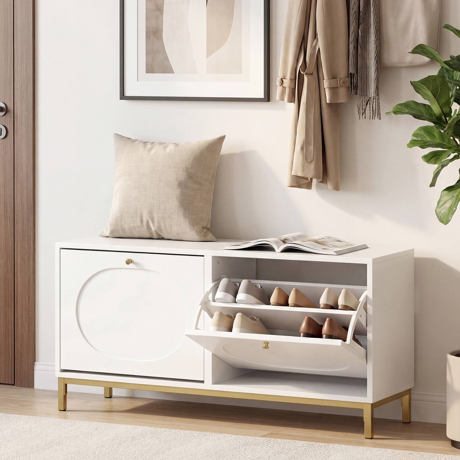 Alt View 3. Costway - Costway Shoe Storage Bench, Narrow Entryway Bench with 2 Flip Drawers & Adjustable Shelves - White + Golden.