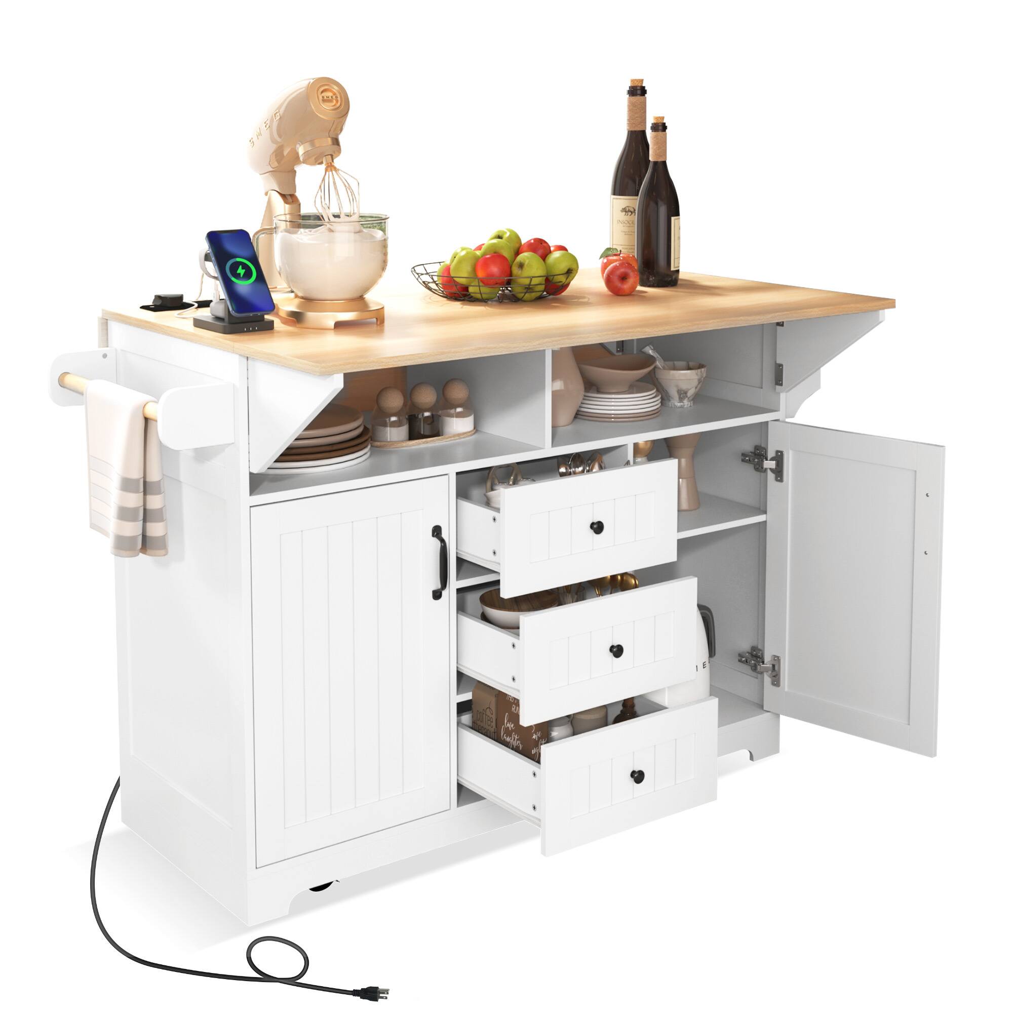 Back. Spaco - Spaco 55.7" Kitchen Island Cart with Power Outlet, 2 Drop Leaves, 3 Drawers, Storage Shelf, Spice Rack and Towel Bar - White.