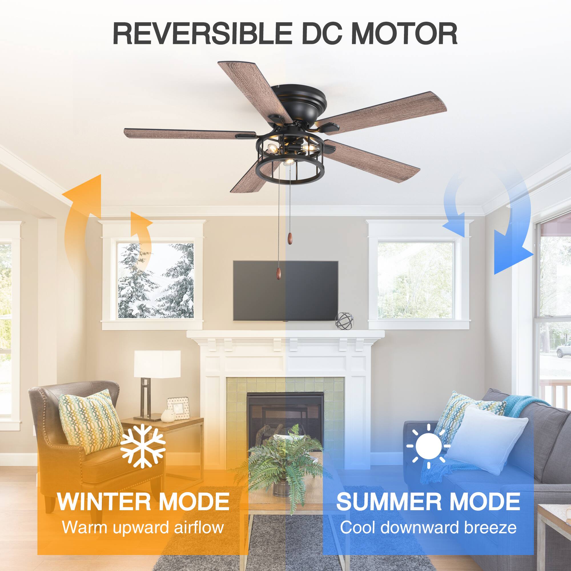 REVERSIBLE DC MOTOR

WINTER MODE  
Warm upward airflow

SUMMER MODE  
Cool downward breeze