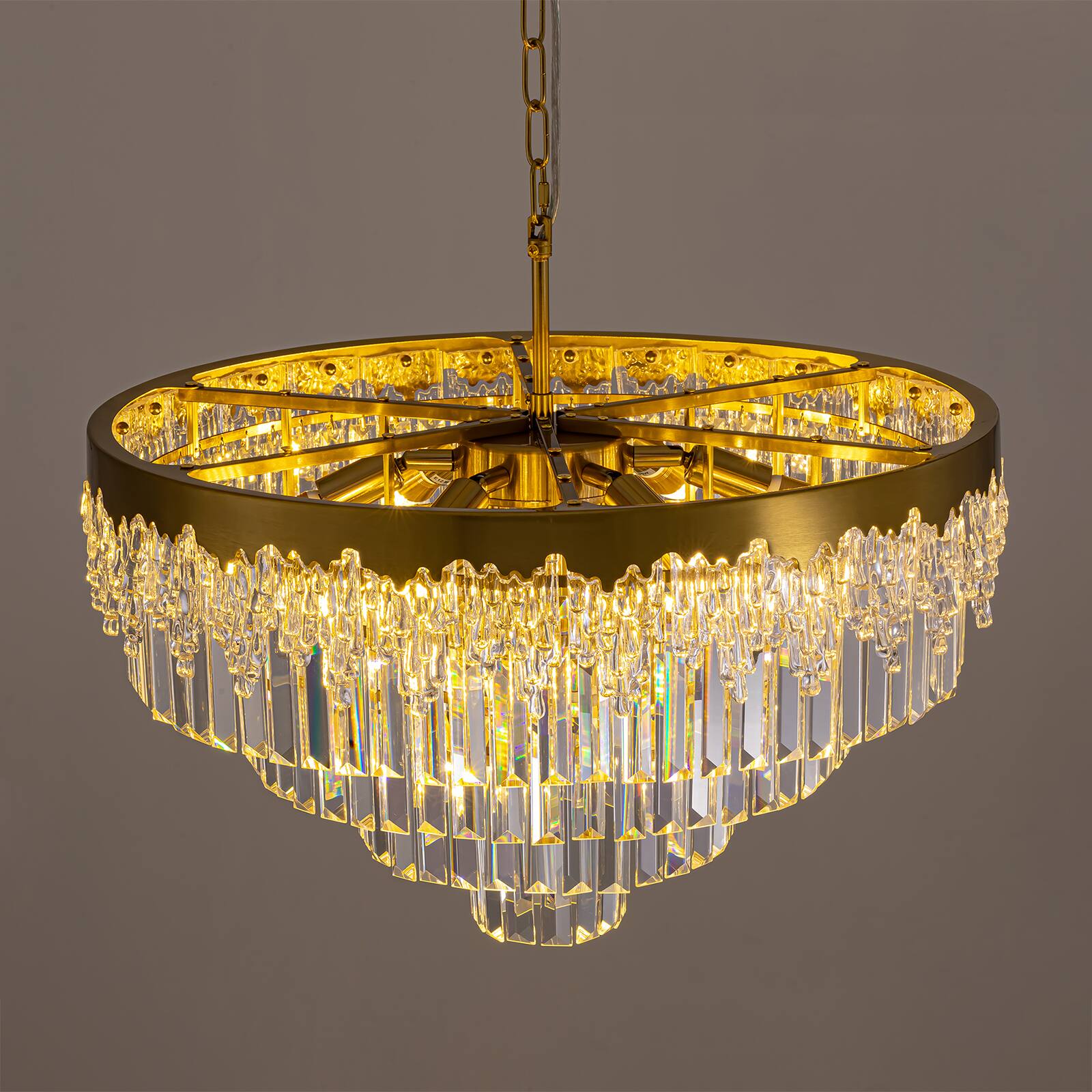 Alt View 4. Siljoy - 24 Inch Modern Tiered Crystal Chandelier, Glacier Textured Round Gold Pendant Light for Dining Room Living Room Foyer - GOLD.