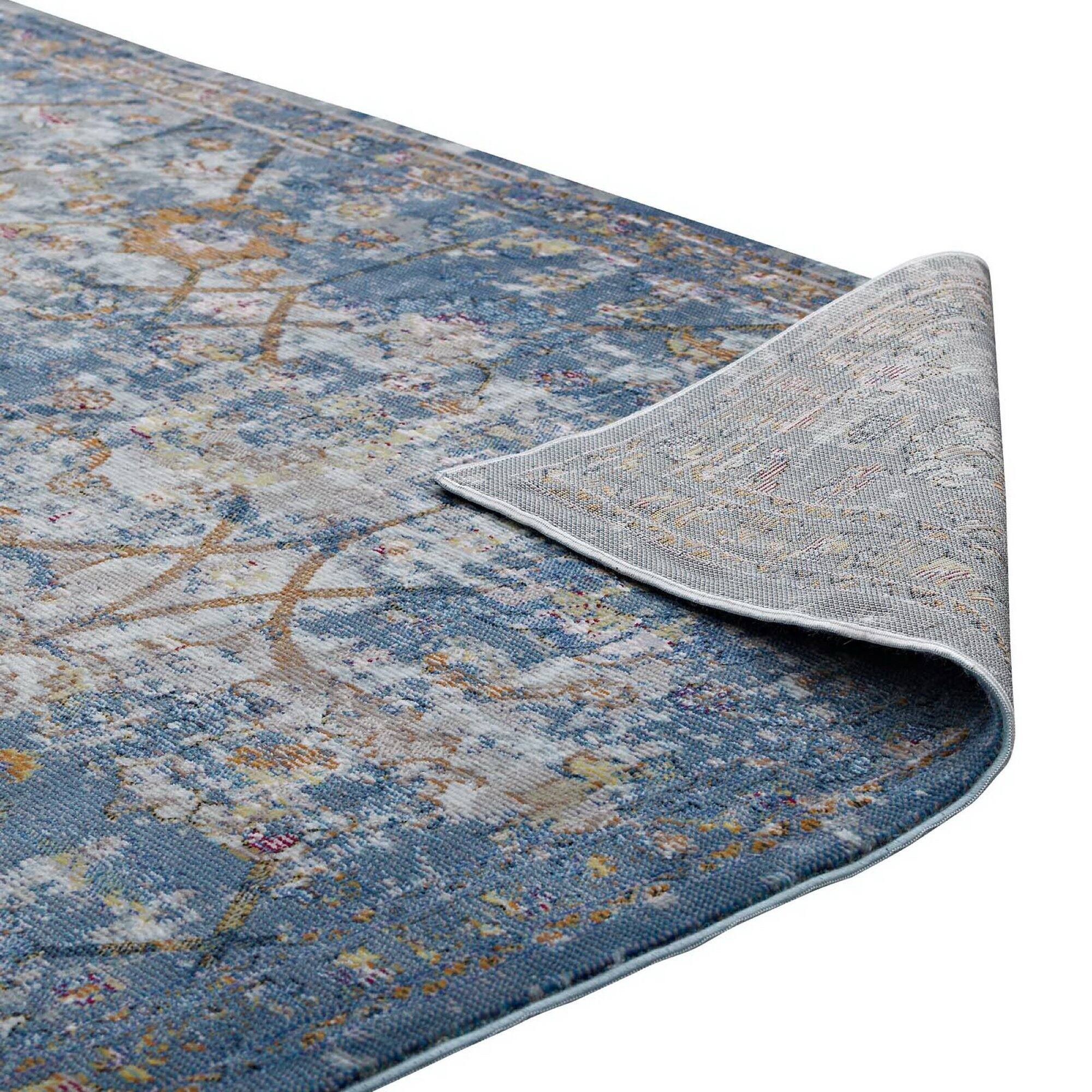 Alt View 3. Modway - Minu Distressed Floral Lattice Area Rug - Blue Gray Yellow and Orange.
