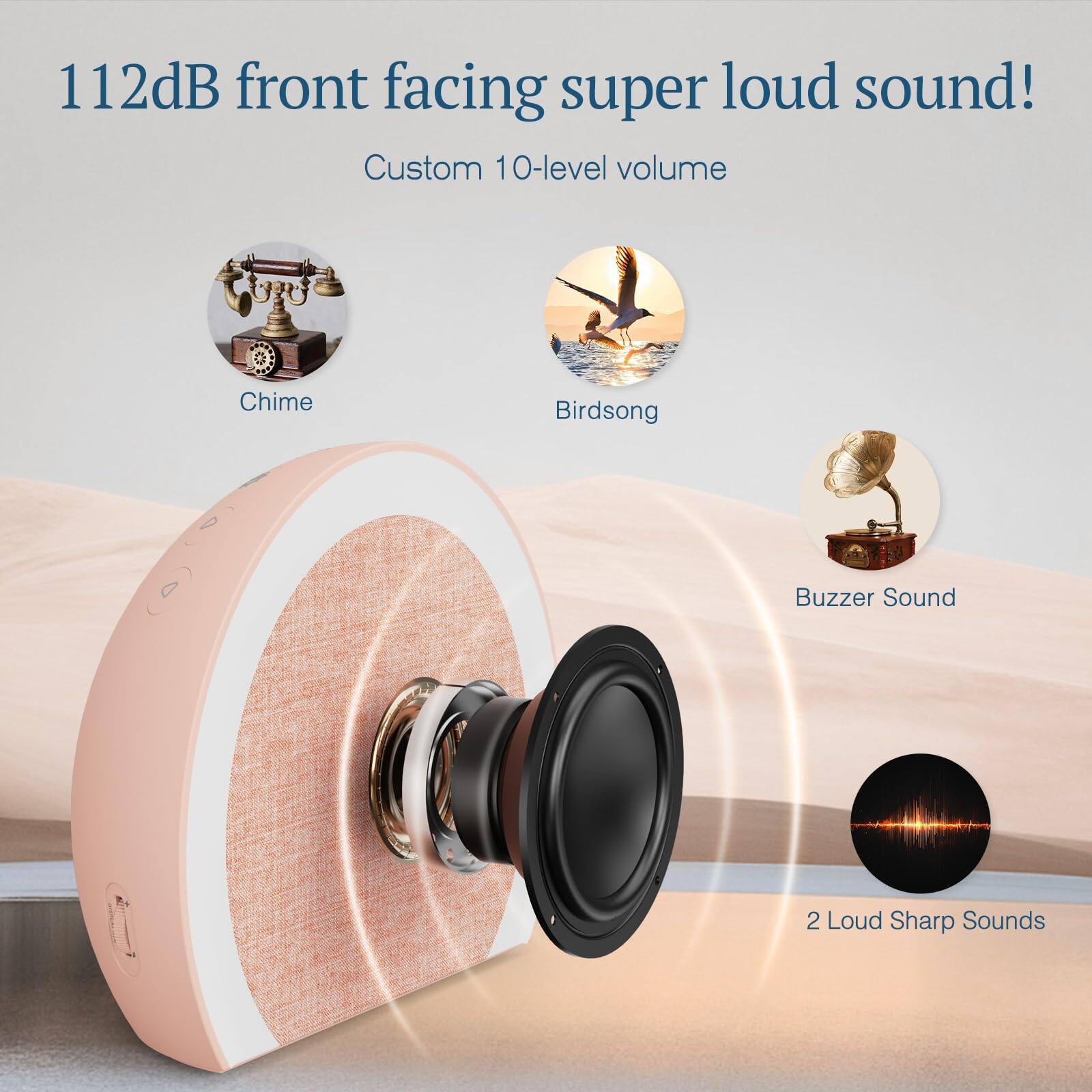112dB front facing super loud sound!  
Custom 10-level volume  

- Chime  
- Birds song  
- Buzzer Sound  
- 2 Loud Sharp Sounds