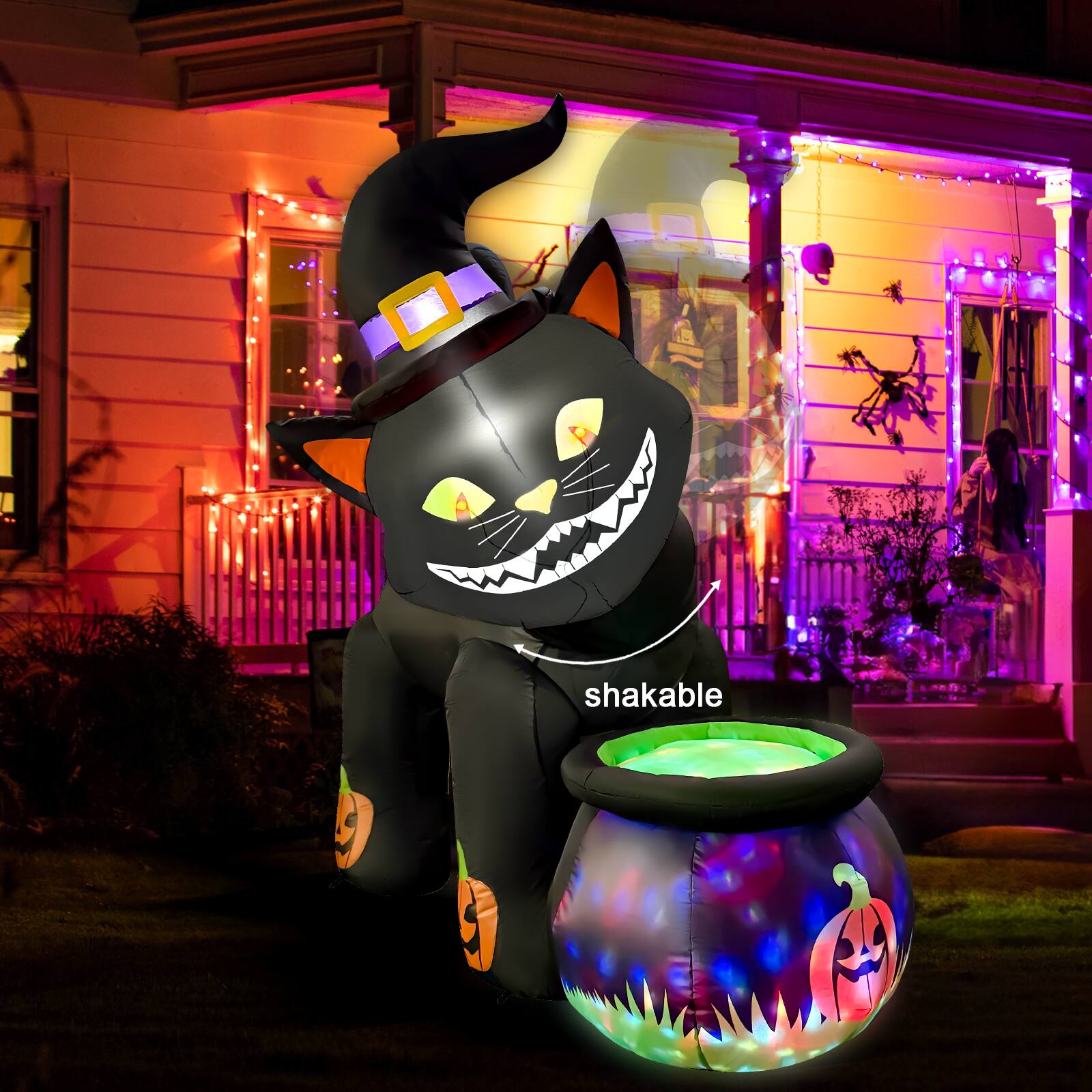 Angle. GOOSH Inflatables - GOOSH 5.2FT Animated Inflatable Black Cat with Witch Hat and Cauldron – Light-Up Halloween Yard Decoration - Black.