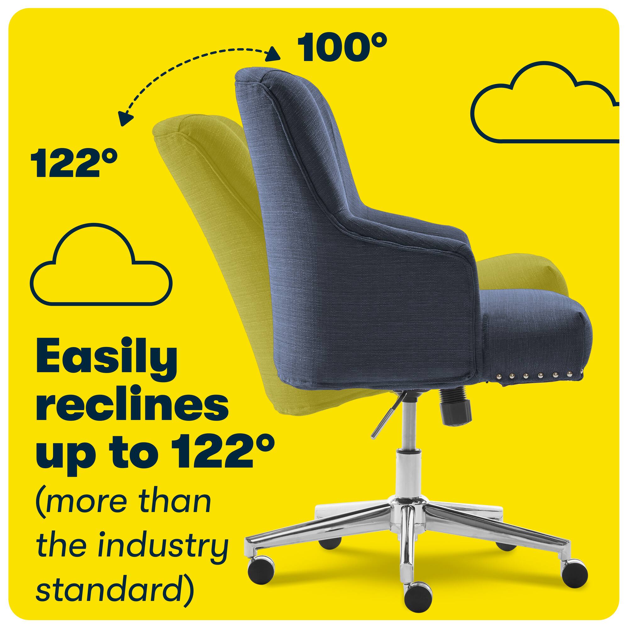 The image features a blue office chair with a yellow background. The chair is designed to easily recline up to 122 degrees, which is more than the industry standard. The chair is positioned in front of a cloudy sky, giving it a unique and eye-catching appearance.