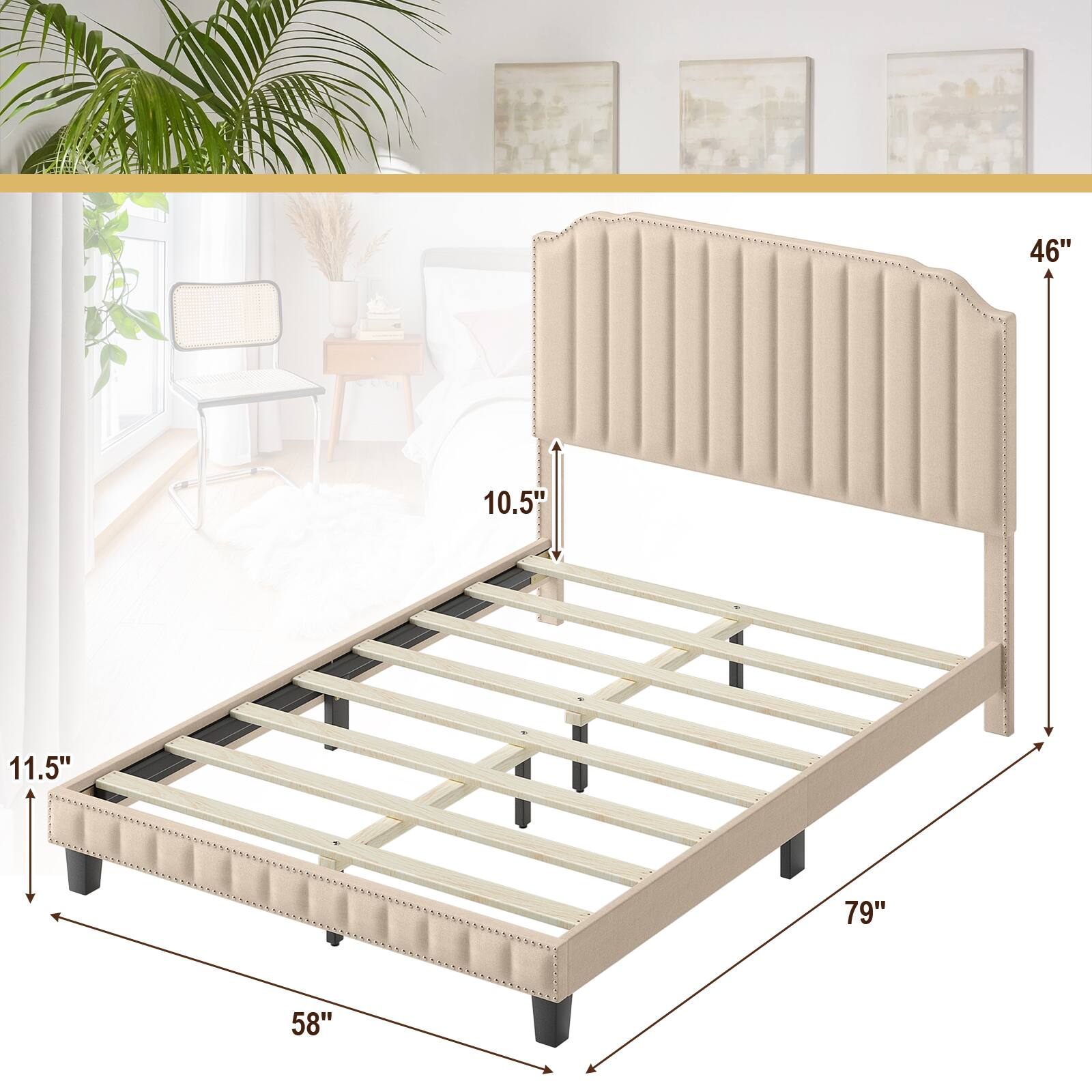 46" - Height of the headboard

10.5" - Height of the mattress

11.5" - Width of the mattress

79" - Length of the mattress

58" - Width of the bed frame