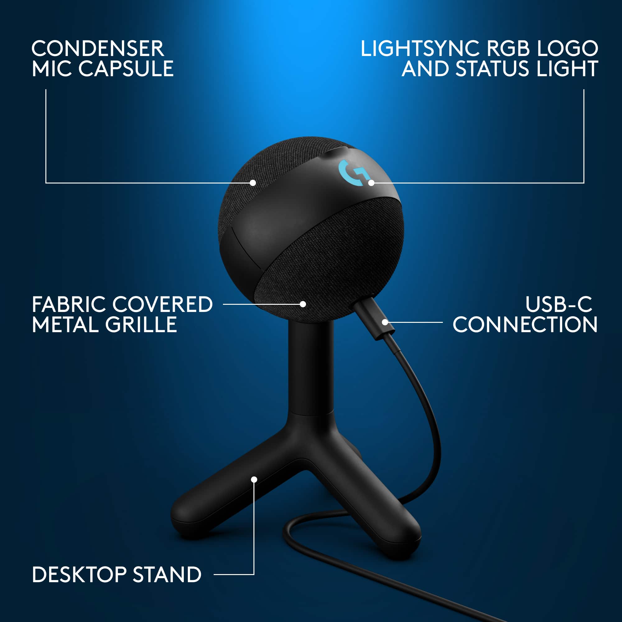 The image features a black microphone with a USB-C connection and a lightsync RGB logo. The microphone is placed on a black stand and has a fabric-covered metal grille. The microphone is designed for desktop use and is accompanied by a light that illuminates the logo and status light.