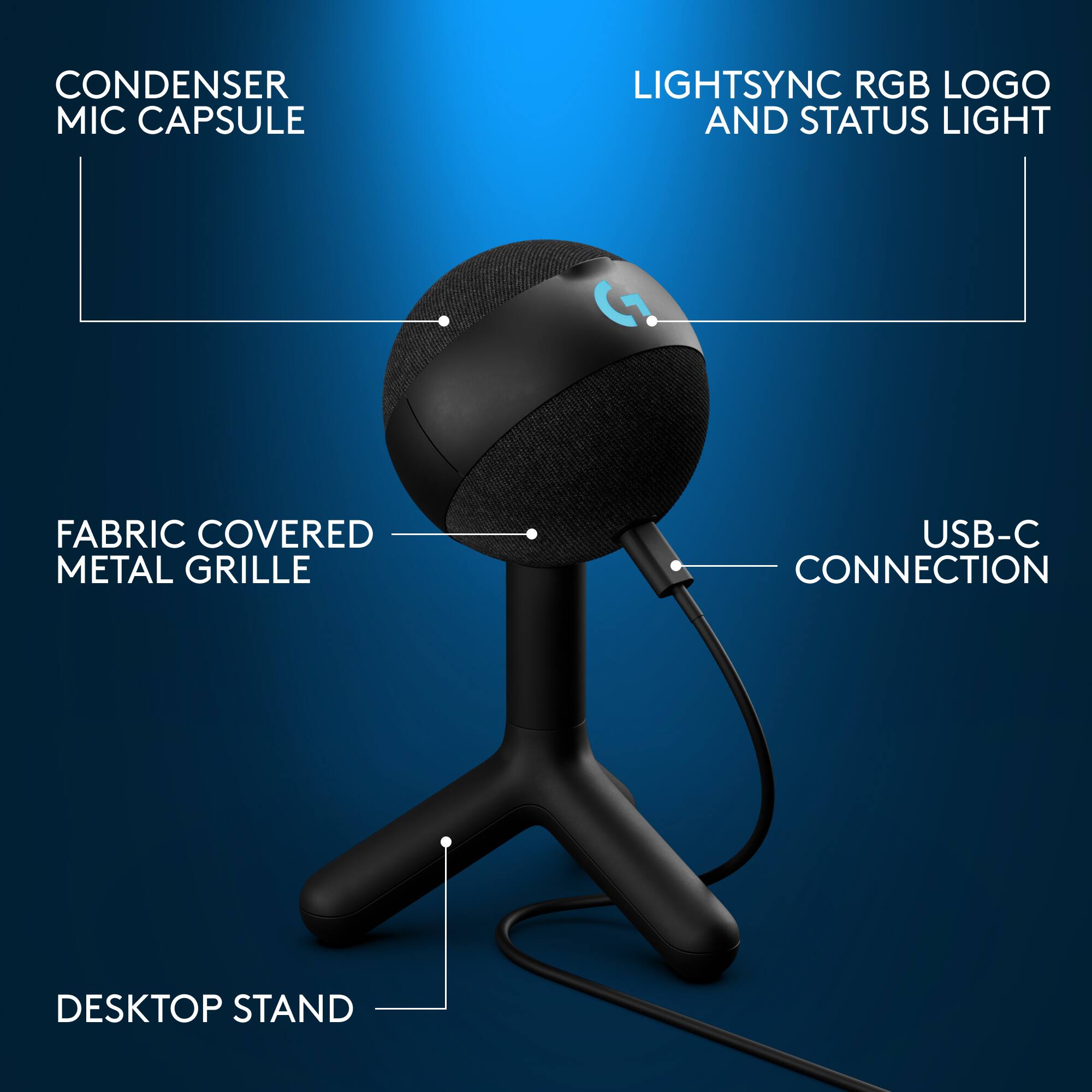 The image features a black microphone with a USB-C connection and a lightsync RGB logo. The microphone is placed on a black stand and has a fabric-covered metal grille. The microphone is designed for desktop use and is accompanied by a light that illuminates the logo and status light.