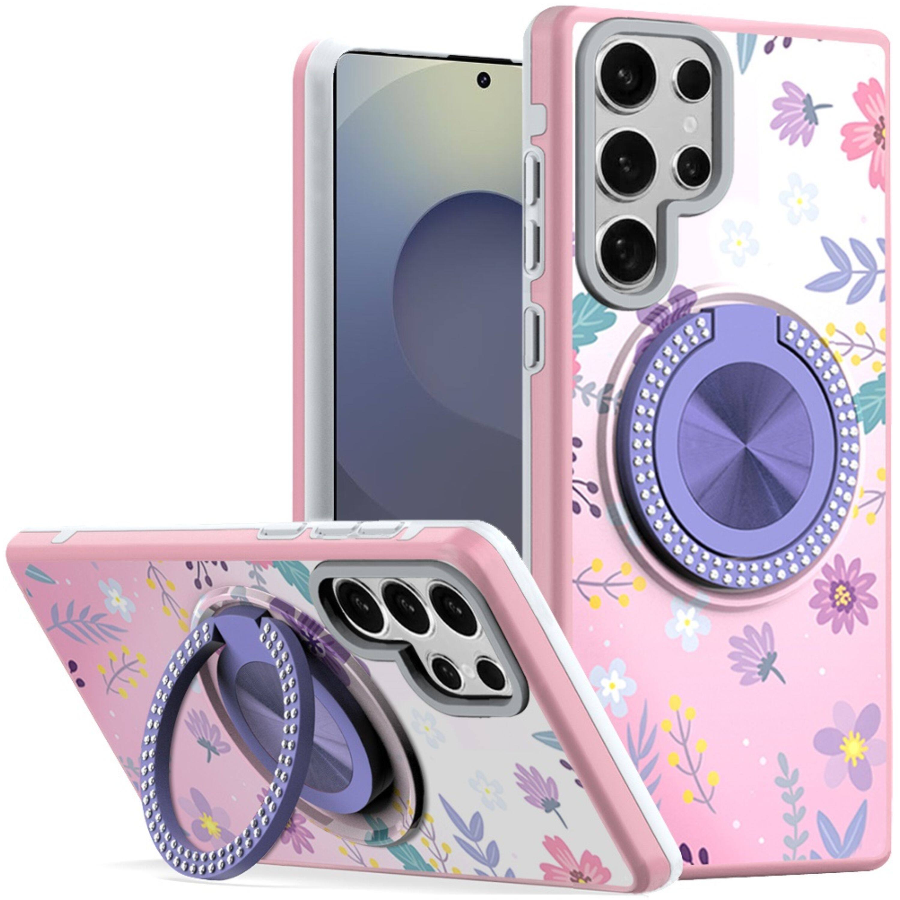 Front. Kitcheniva - Printed Design Case With Bling 360 Stand Plus Tempered Glass For Samsung S25 Ultra Floral C - Multicolor.