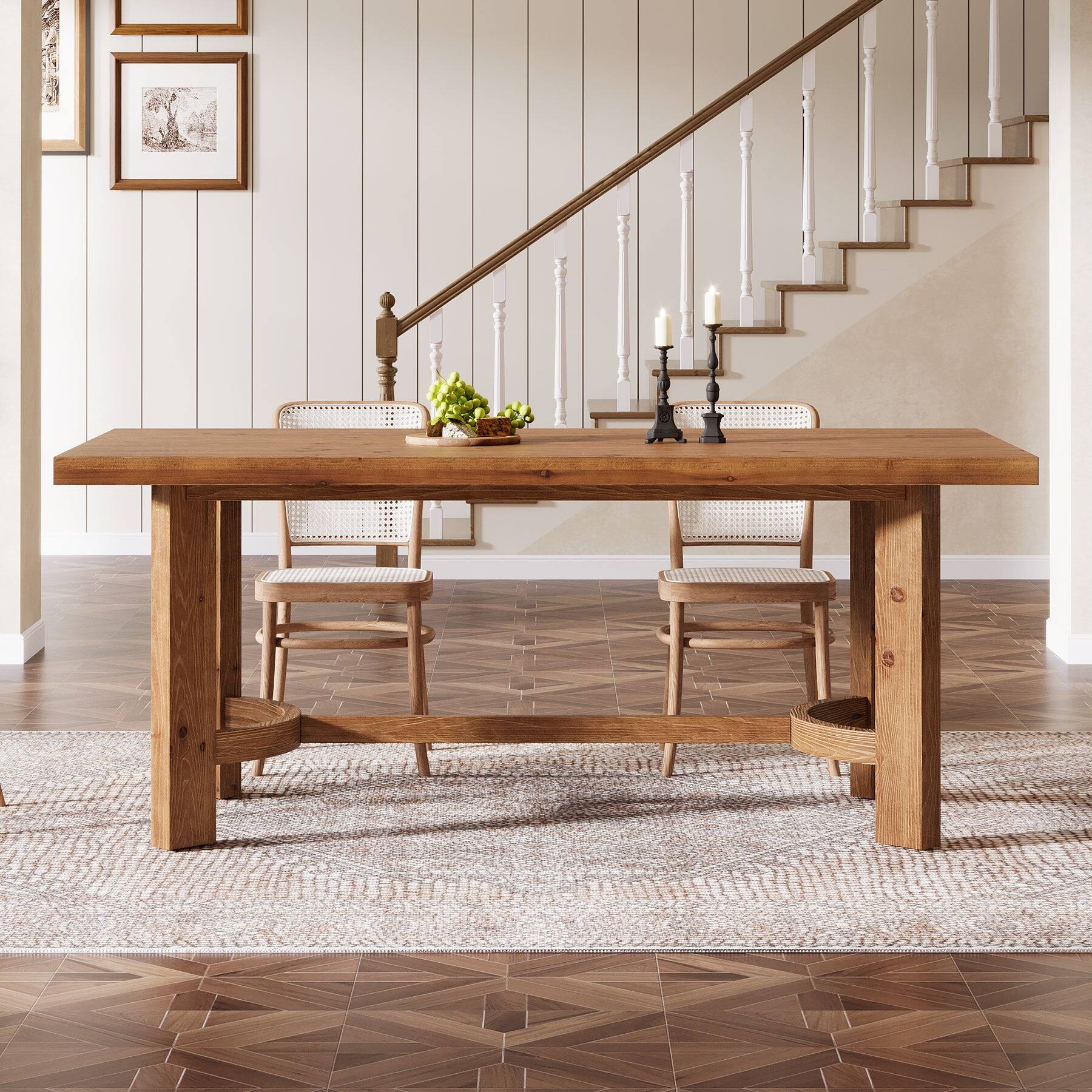 Angle. Tribesigns - Farmhouse Solid Wood Dining Table with Wood Grain Finish and Rectangular Top for Dining Room and Kitchen - Brown.