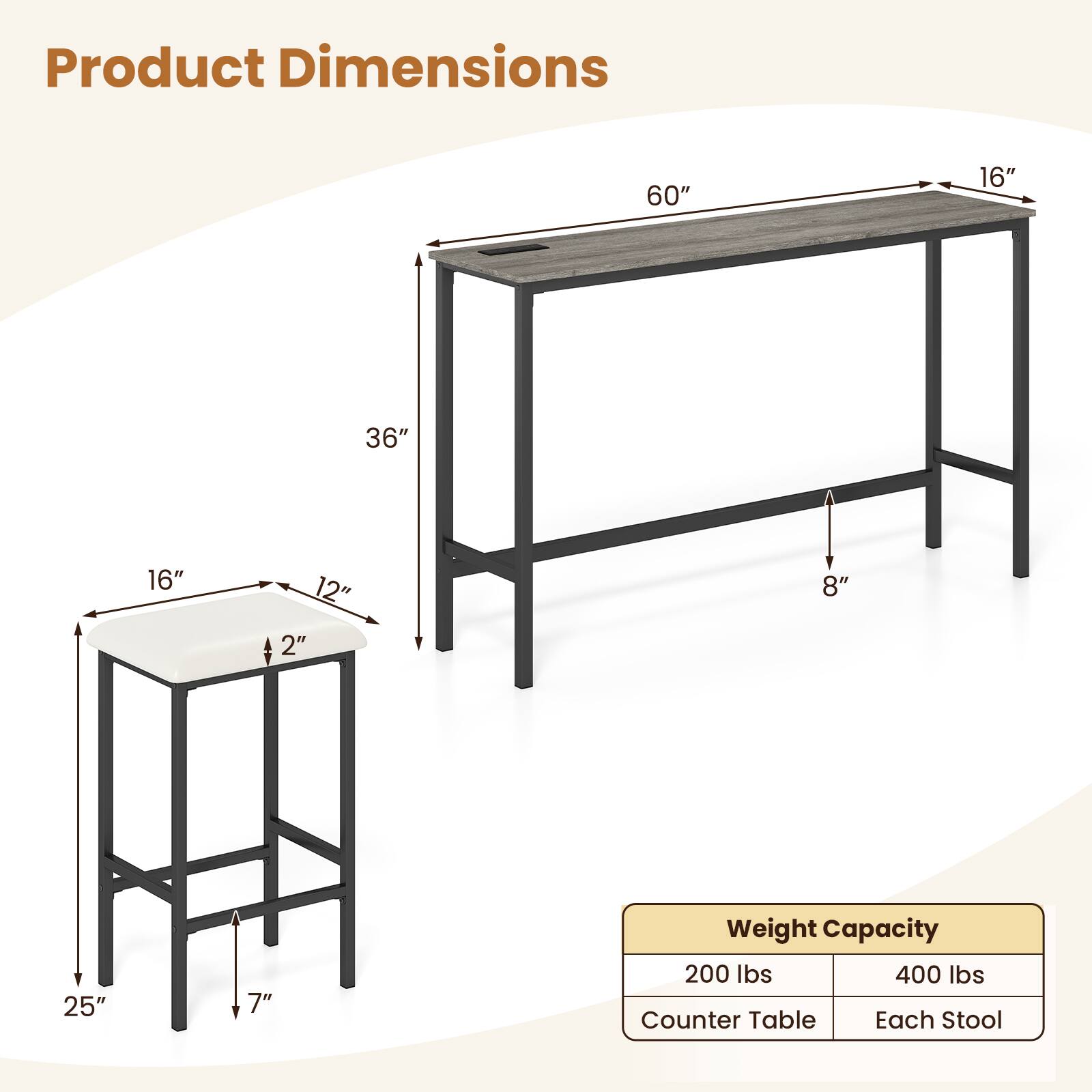 Product Dimensions  
60" x 16" x 36" x 16" x 12" x 2" x 8" x 25" x 7"  

Weight Capacity  
200 lbs (Counter Table)  
400 lbs (Each Stool)
