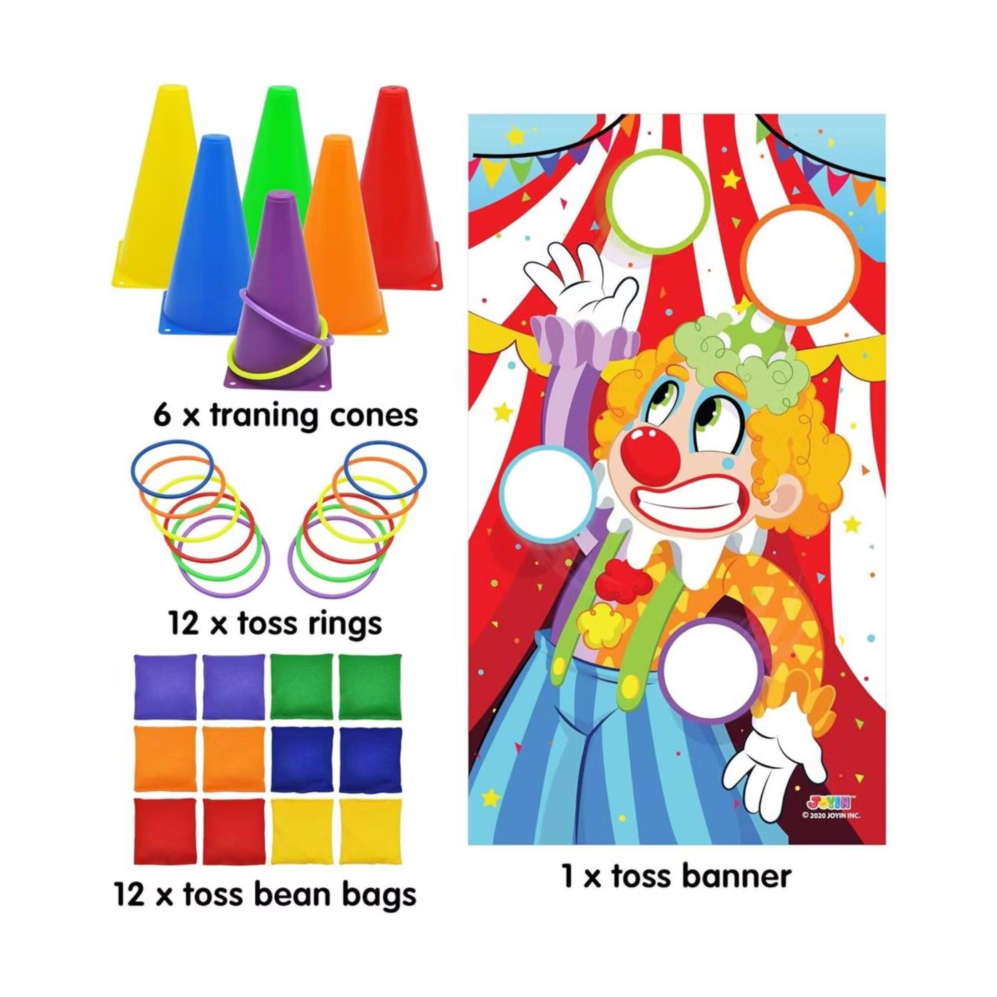 6 x training cones  
12 x toss rings  
12 x toss bean bags  
1 x toss banner