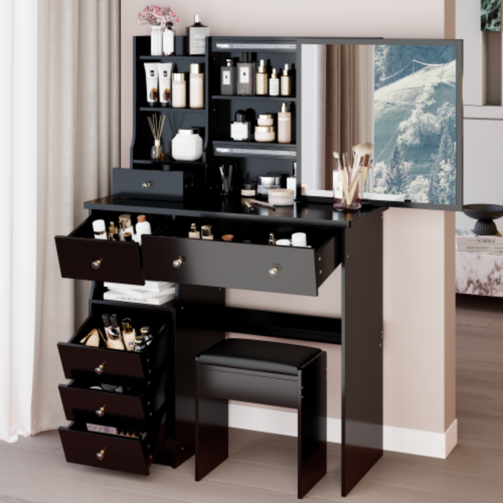 Left. LUCKY ONE - 37in Vanity Set with Large Sliding Mirror, Multi-Layer Storage and Stool for Bedroom - Black.