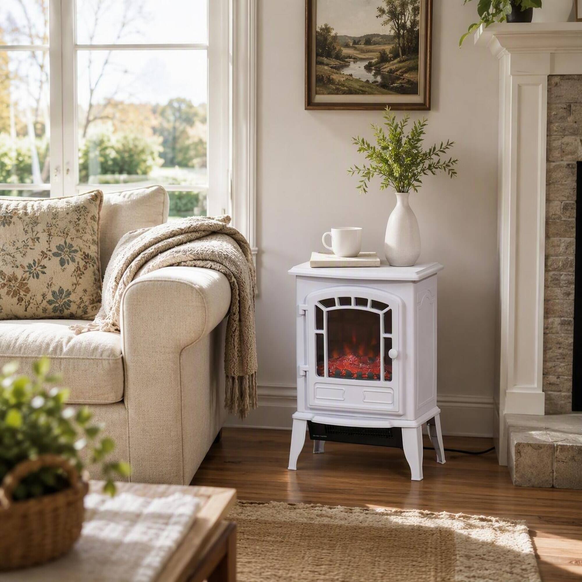 Angle. RYHNUYNE - 22-Inch Freestanding Electric Fireplace Stove Heater with Realistic Flame Effect, 750W/1500W Adjustable Heat - White.
