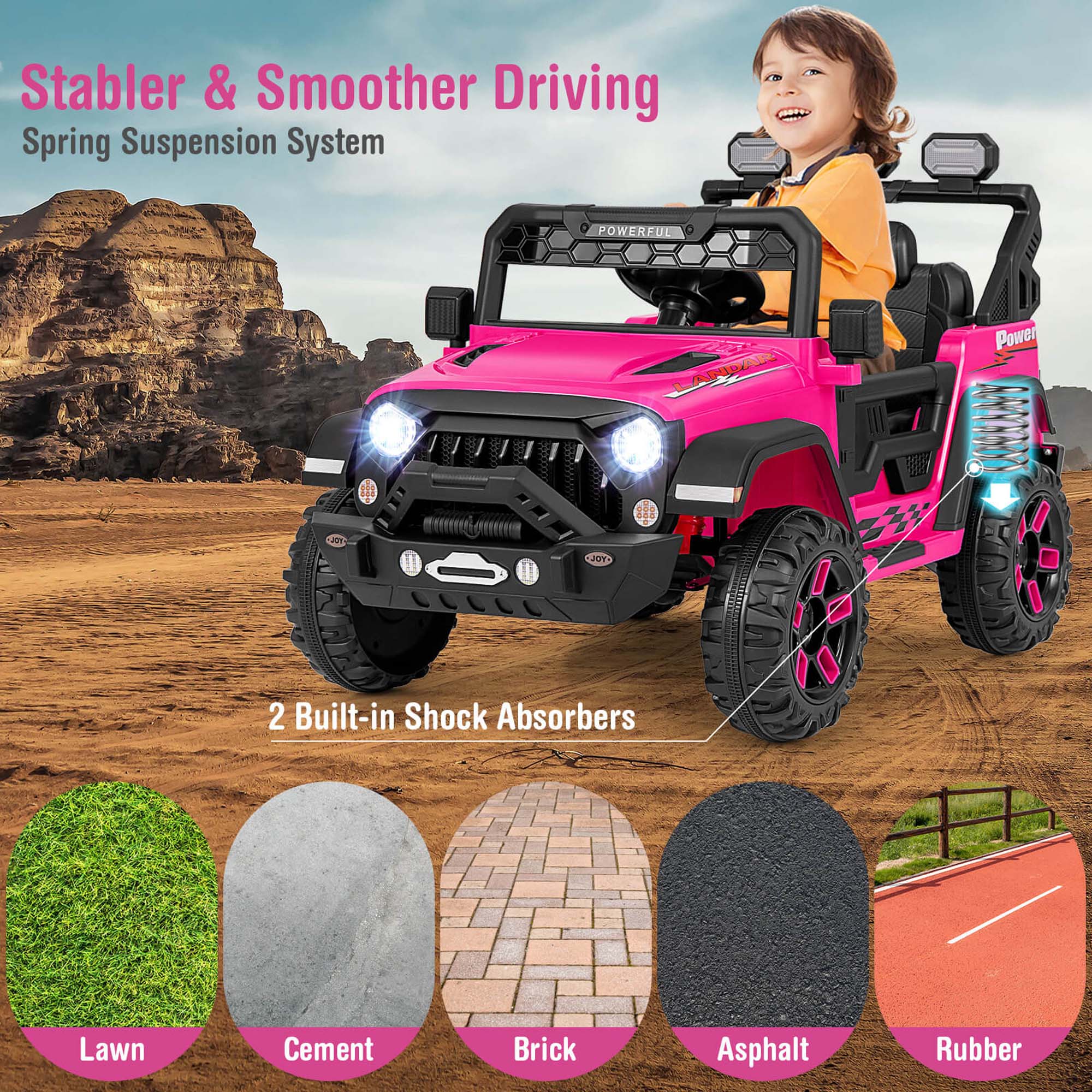 Stabler & Smoother Driving  
Spring Suspension System  

2 Built-in Shock Absorbers  

Lawn  
Cement  
Brick  
Asphalt  
Rubber