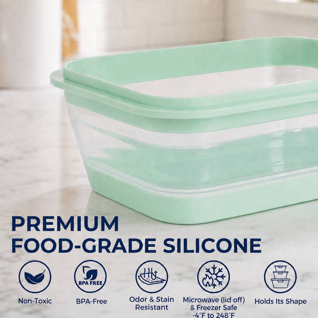 PREMIUM FOOD-GRADE SILICONE  
BPA FREE  
Non-Toxic  
Odor & Stain Resistant  
Microwave (lid off) & Freezer Safe -4°F to 248°F  
Holds Its Shape
