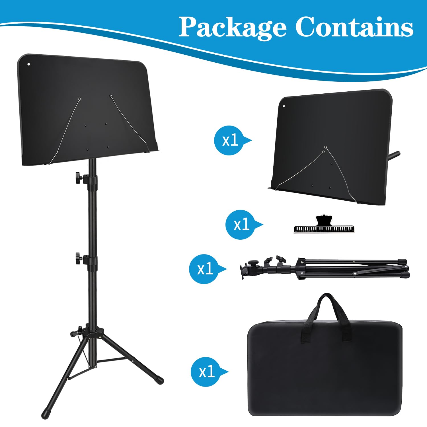 Package Contains

- x1 Music Stand
- x1 Keyboard
- x1 Keyboard Stand
- x1 Carrying Case