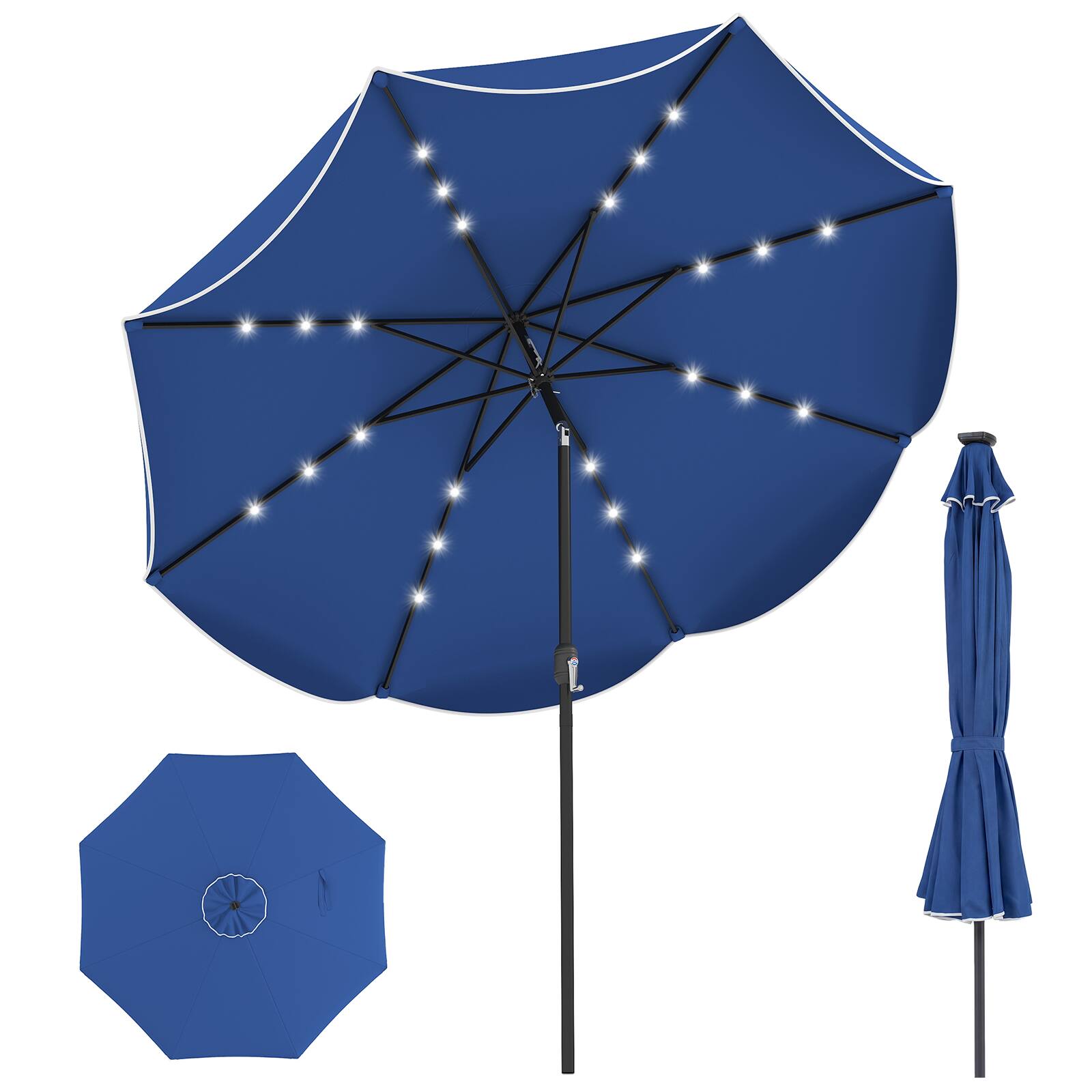 Gymax - 10 FT Scalloped Solar Patio Umbrella Market Table Umbrella w/ 24 LED Lights Navy - Blue