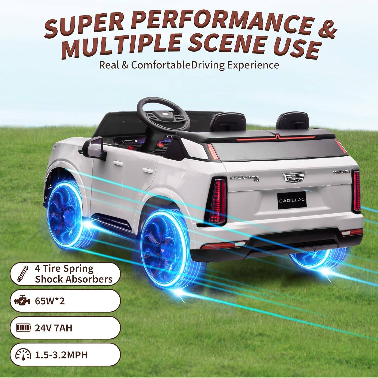 SUPER PERFORMANCE & MULTIPLE SCENE USE  
Real & Comfortable Driving Experience  

4 Tire Spring Shock Absorbers  
65W*2  
24V 7AH  
1.5-3.2MPH