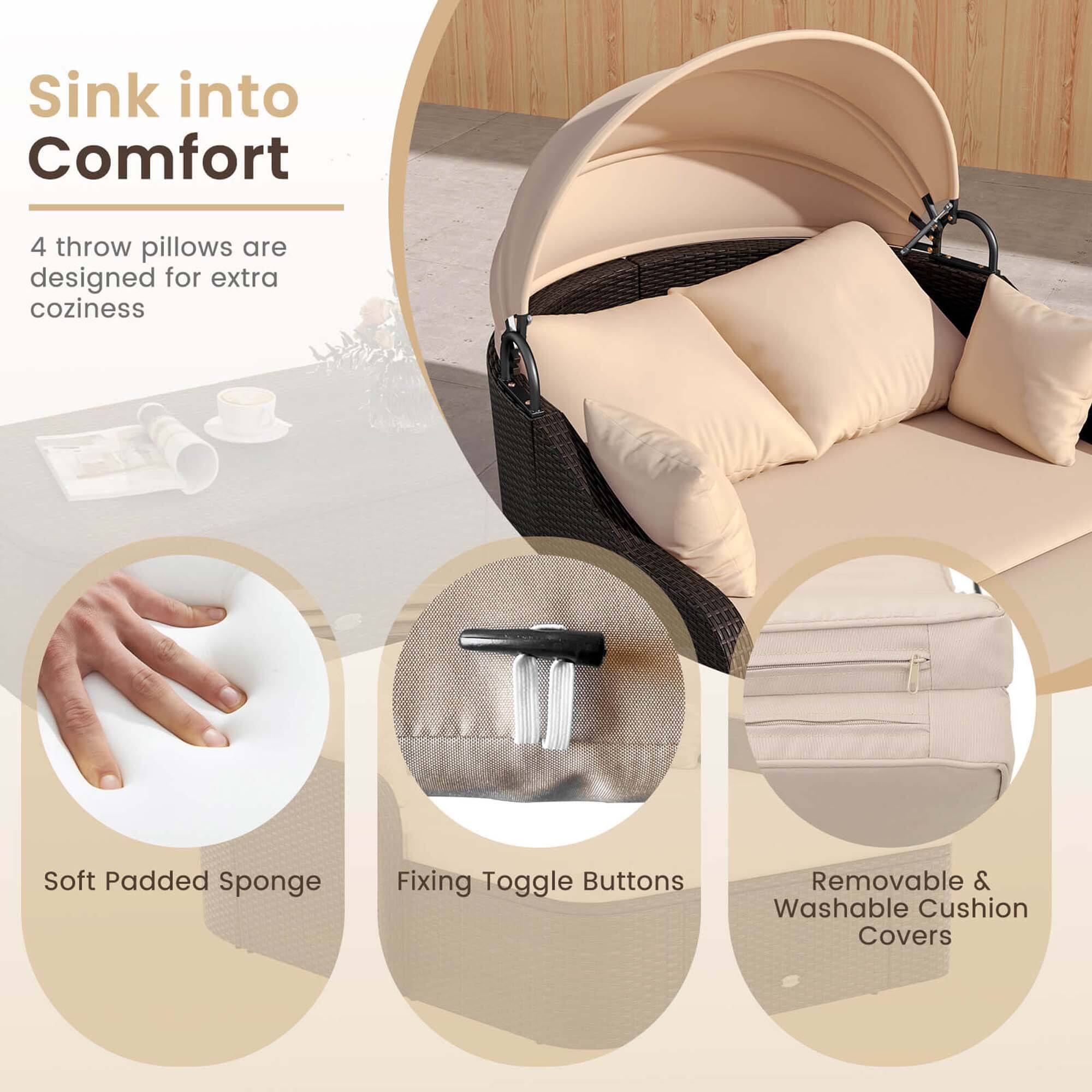 Sink into Comfort
4 throw pillows are designed for extra coziness
Soft Padded Sponge
Fixing Toggle Buttons
Removable & Washable Cushion Covers