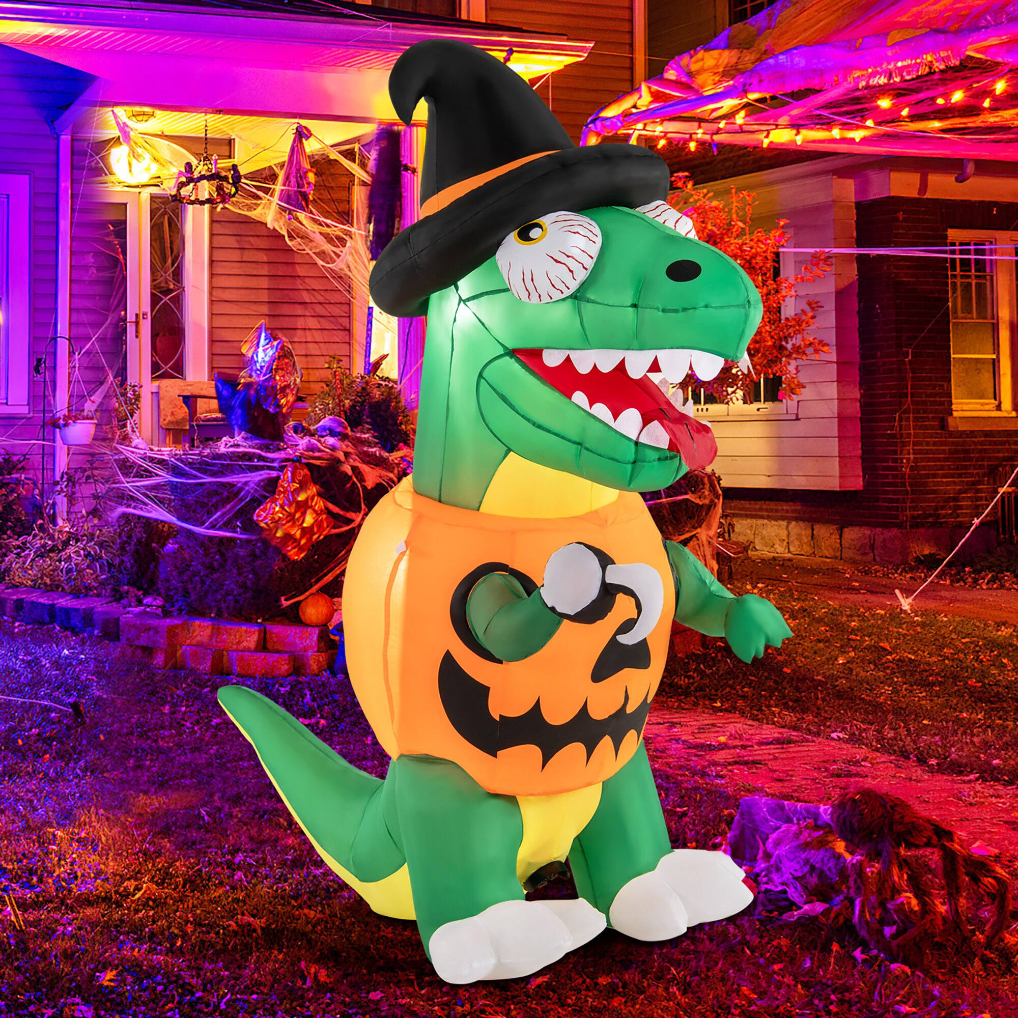 Alt View 3. Gymax - Gymax 6 FT Inflatable Pumpkin Dinosaur w/ Built-in LED Lights & Witch Hat Stakes - Multicolor.