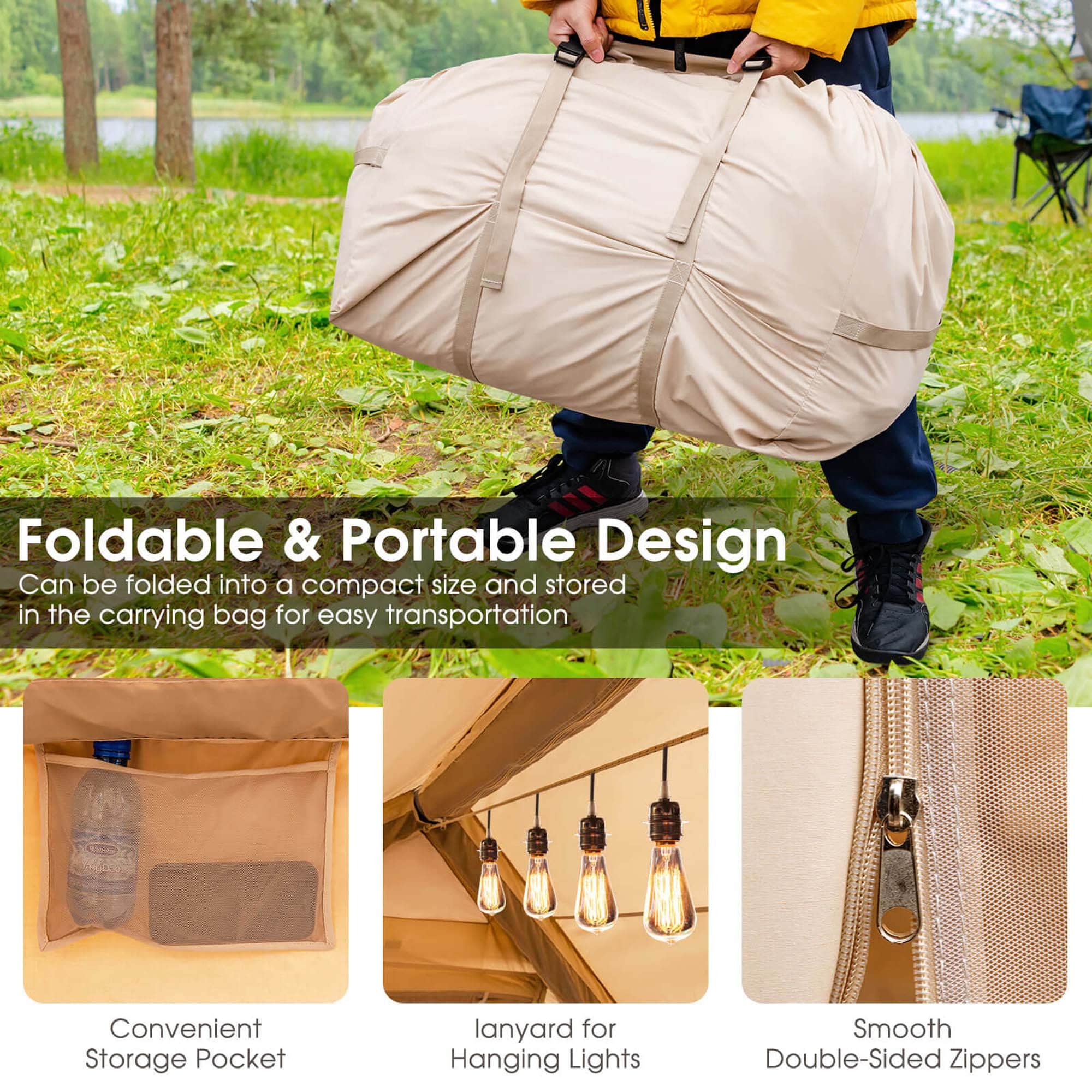 Foldable & Portable Design: Can be folded into a compact size and stored in the carrying bag for easy transportation. Convenient Storage Pocket: Lanyard for Hanging Lights. Smooth Double-Sided Zippers.