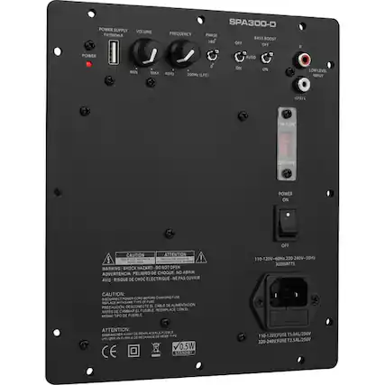 POWER SUPPLY VOLUME SV/500mA
FREQUENCY
SPA300-D PHASE BASS BOOST 180 OFF OFF
POWER
AUTO
MIN
MAX 40Hz
200Mz (LFt)
ON
ON
LOW LEVEL INPUT
ILFELL
10-120V
20-240V
POWER ON
OFF
CAUTION ATTENTION WARNING SHOCK HAZARD DO NOT OPEN ADVERTENCIA: PELIGRO DE CHOQUE NO ABRIR RISQUE DE CHOC ELECTRIQUE NE PAS OUVRIR AVIS
110-120V-60Hz, 220-240V-50Hz 300WATTS
CAUTION: FUSE DISCONNECT POWER COMO BEFORE CHANGING REPLACE SAME TYPE y FUSE DESCONECTE EL CABLE DO PRECAUCIÓN CON ANTES DE CAMBIAR EL FUSIBLE REEMPLACE MISMO TIPO DE FUSIBLE
ATTENTION: REMPLACER LE TYPE usec or RECHANGE DE UTIZER UN V0.5W CE STANDRY
110-1